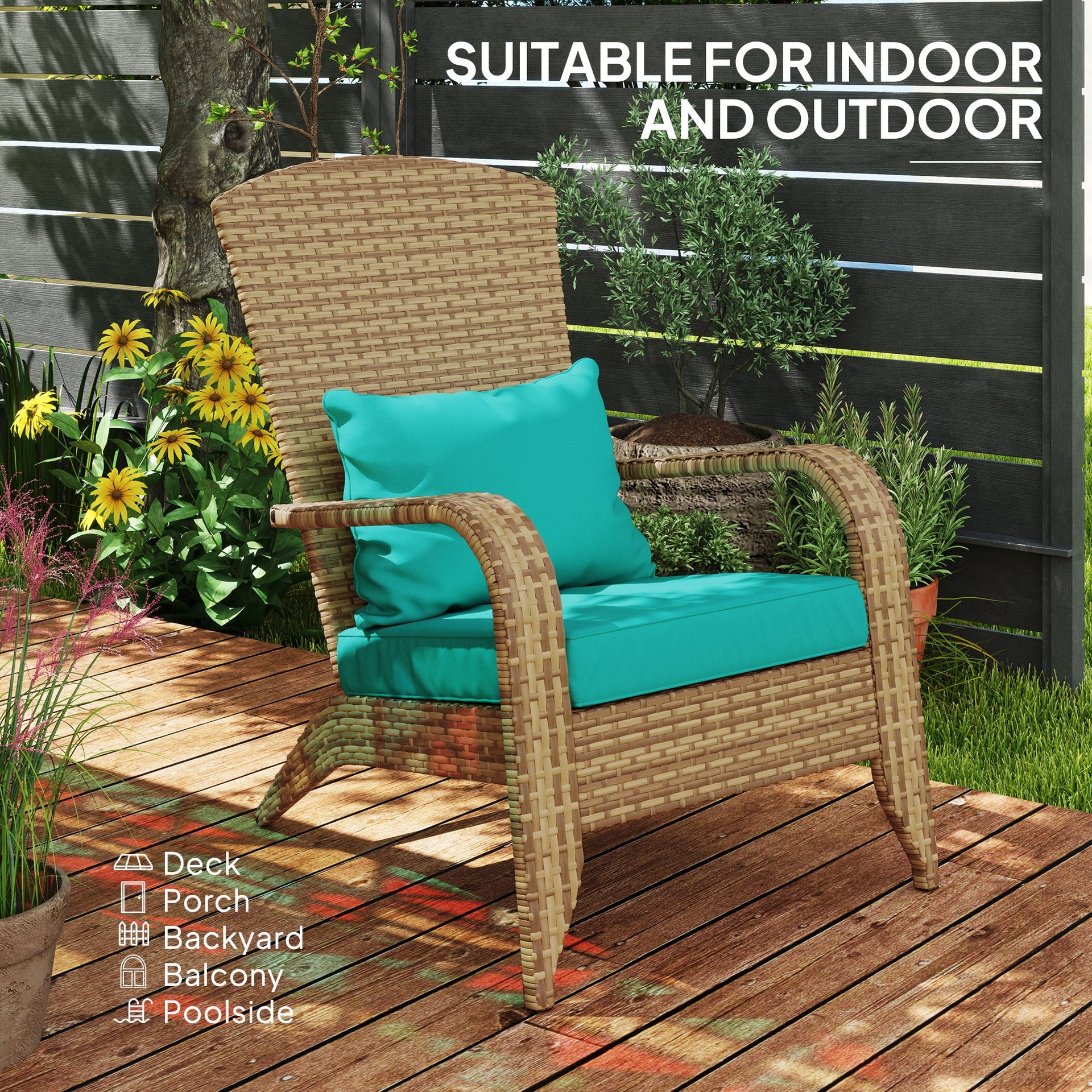Outsunny Patio Adirondack Chair with Rattan Wicker, Soft Cushions, Tall Curved Backrest for Deck or Garden, Sky Blue