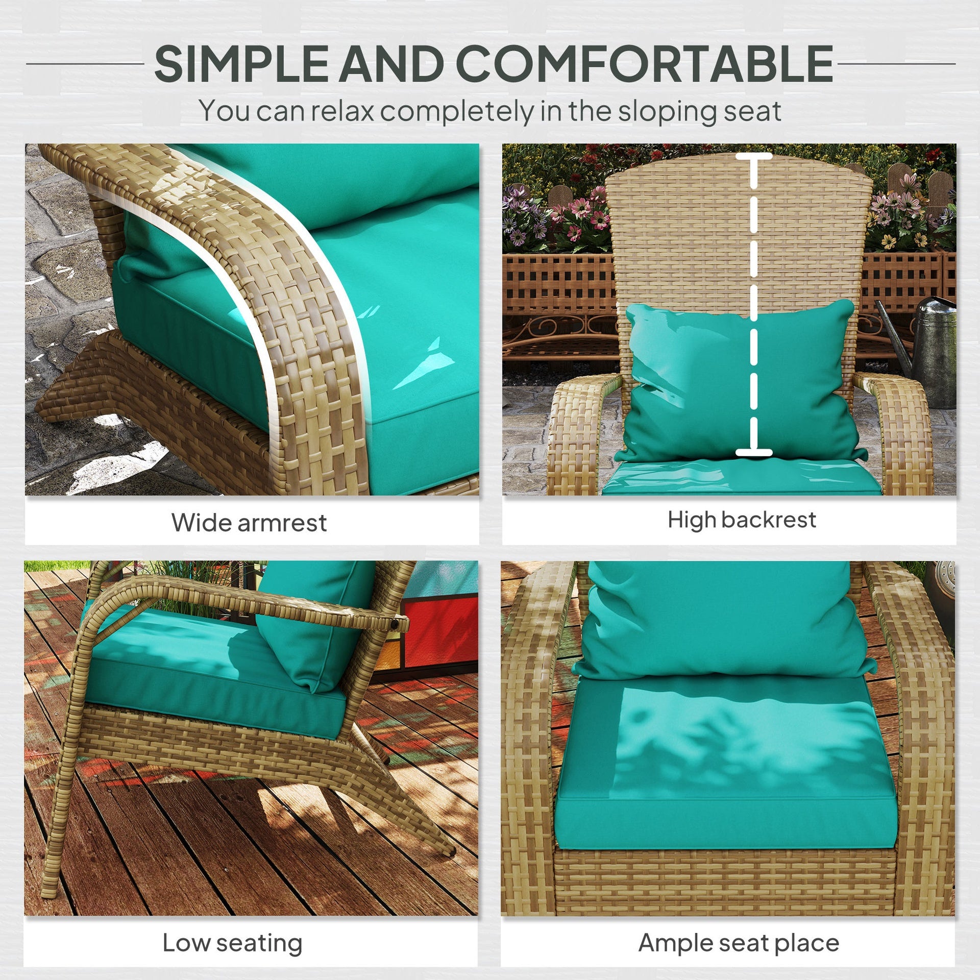 Outsunny Patio Adirondack Chair with Rattan Wicker, Soft Cushions, Tall Curved Backrest for Deck or Garden, Sky Blue