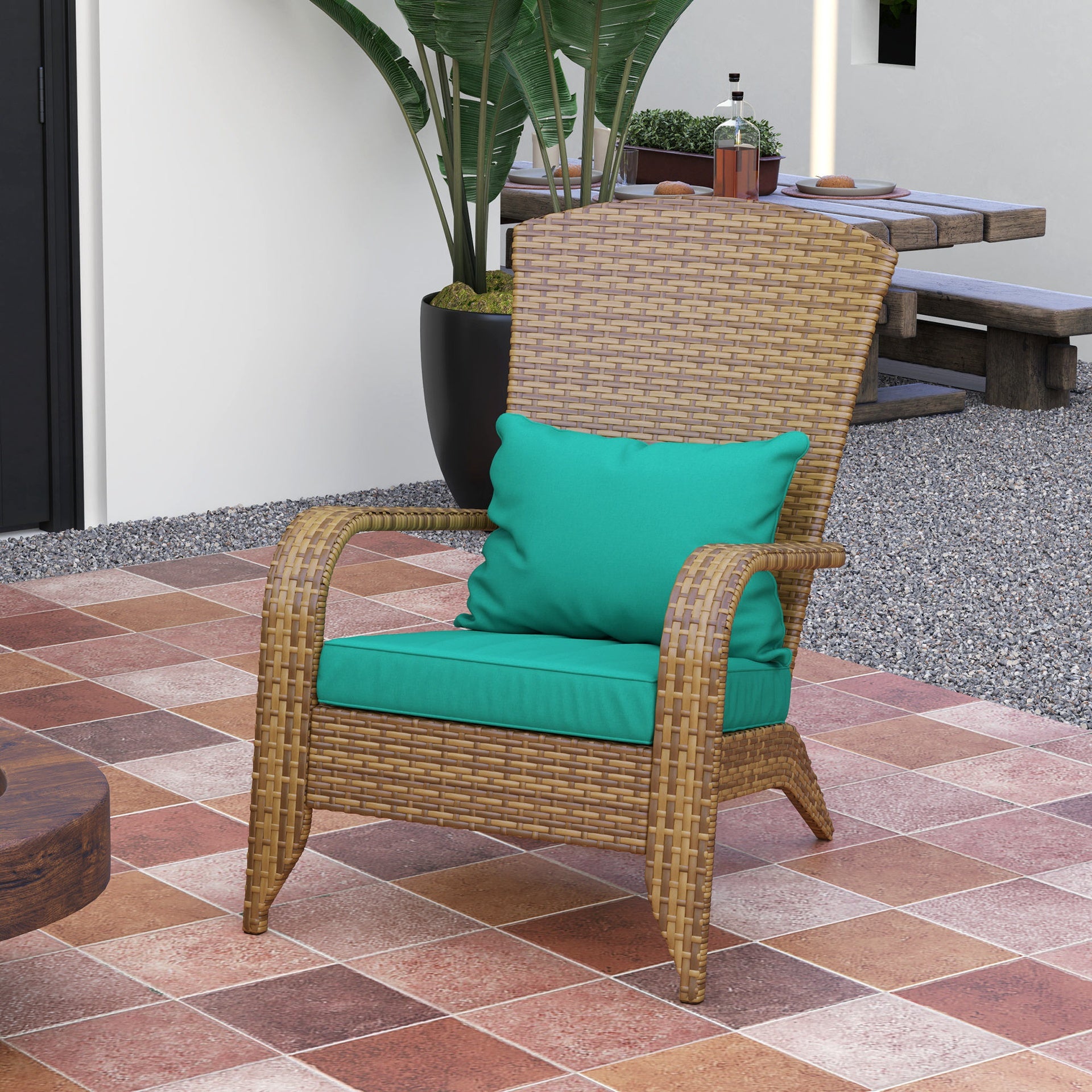 Outsunny Patio Adirondack Chair with Rattan Wicker, Soft Cushions, Tall Curved Backrest for Deck or Garden, Sky Blue