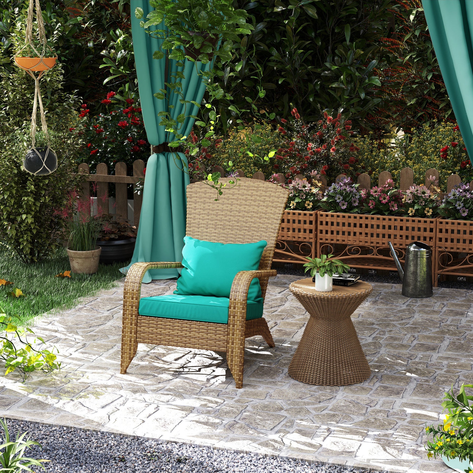 Outsunny Patio Adirondack Chair with Rattan Wicker, Soft Cushions, Tall Curved Backrest for Deck or Garden, Sky Blue