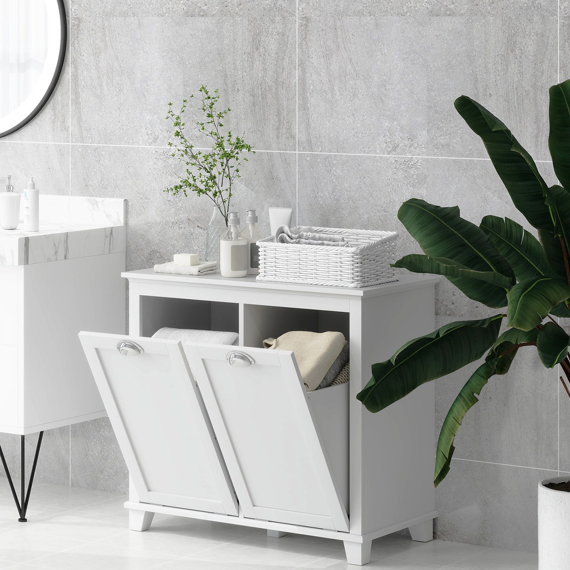 HOMCOM Dual Tilt out Laundry Hamper Cabinet, Bathroom Storage Cabinet with 2-Compartment Hamper, Modern Bathroom Floor Cabinet for Washroom, White