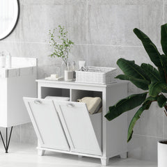 HOMCOM Dual Tilt out Laundry Hamper Cabinet, Bathroom Storage Cabinet with 2-Compartment Hamper, Modern Bathroom Floor Cabinet for Washroom, White