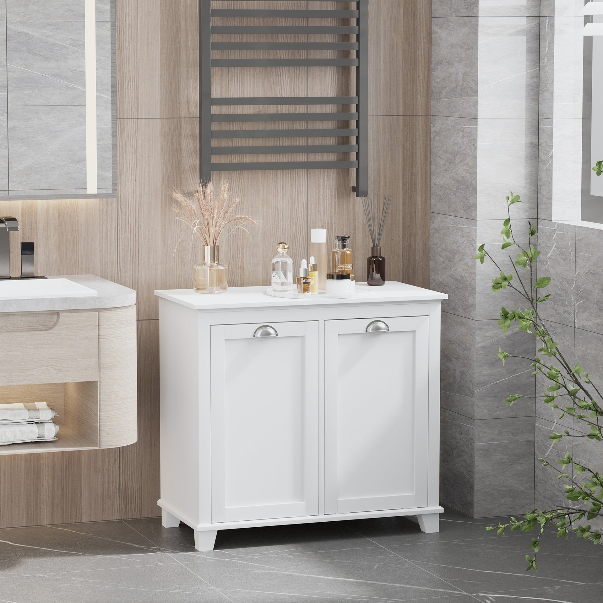 HOMCOM Dual Tilt out Laundry Hamper Cabinet, Bathroom Storage Cabinet with 2-Compartment Hamper, Modern Bathroom Floor Cabinet for Washroom, White
