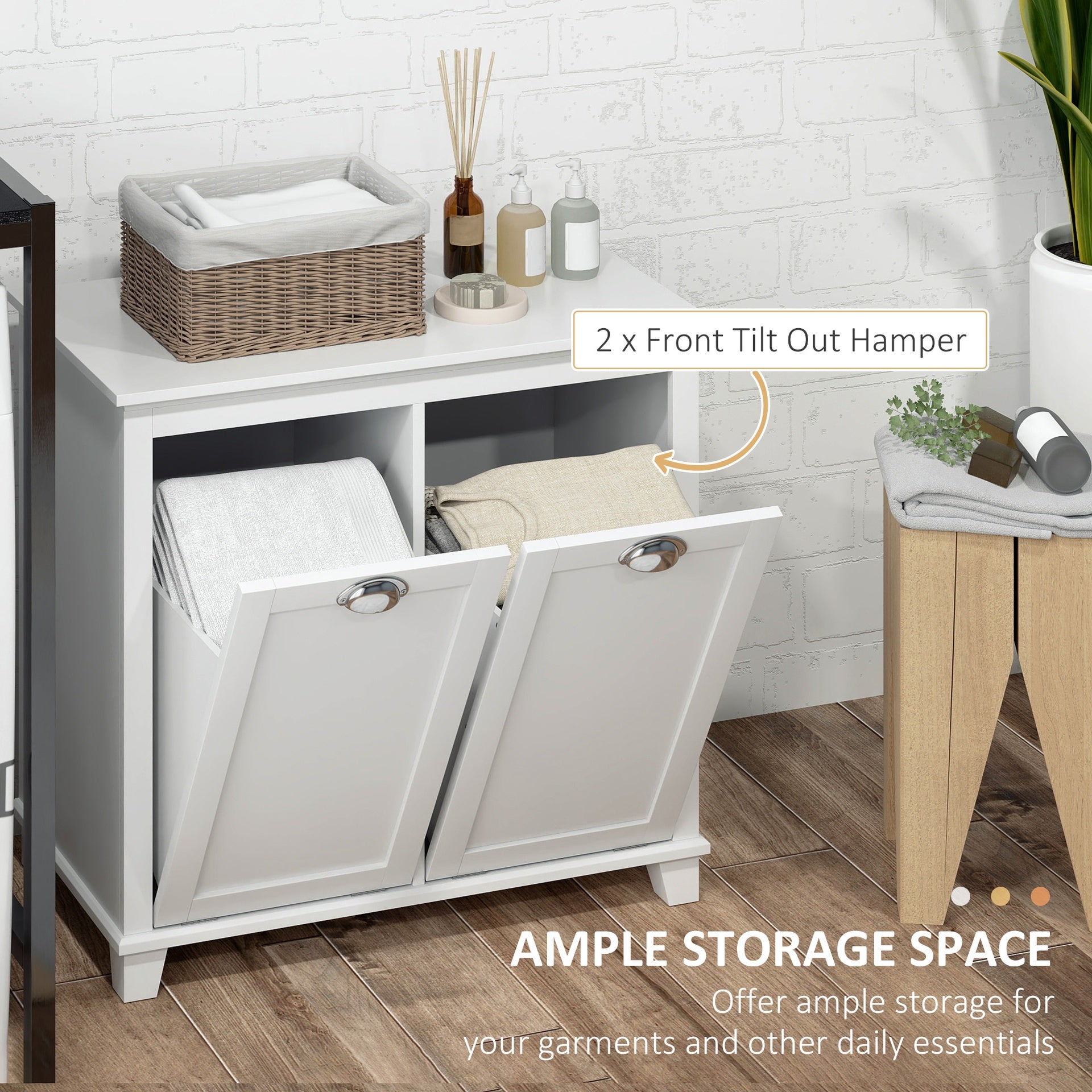 HOMCOM Dual Tilt out Laundry Hamper Cabinet, Bathroom Storage Cabinet with 2-Compartment Hamper, Modern Bathroom Floor Cabinet for Washroom, White