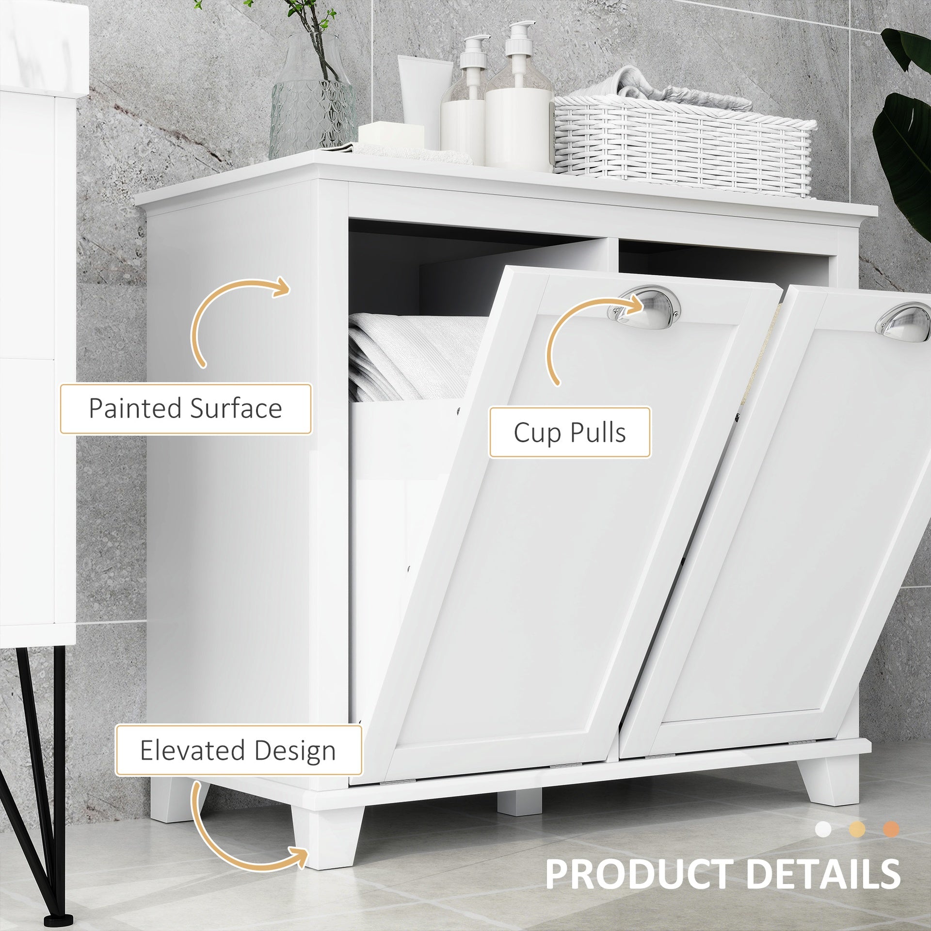 HOMCOM Dual Tilt out Laundry Hamper Cabinet, Bathroom Storage Cabinet with 2-Compartment Hamper, Modern Bathroom Floor Cabinet for Washroom, White