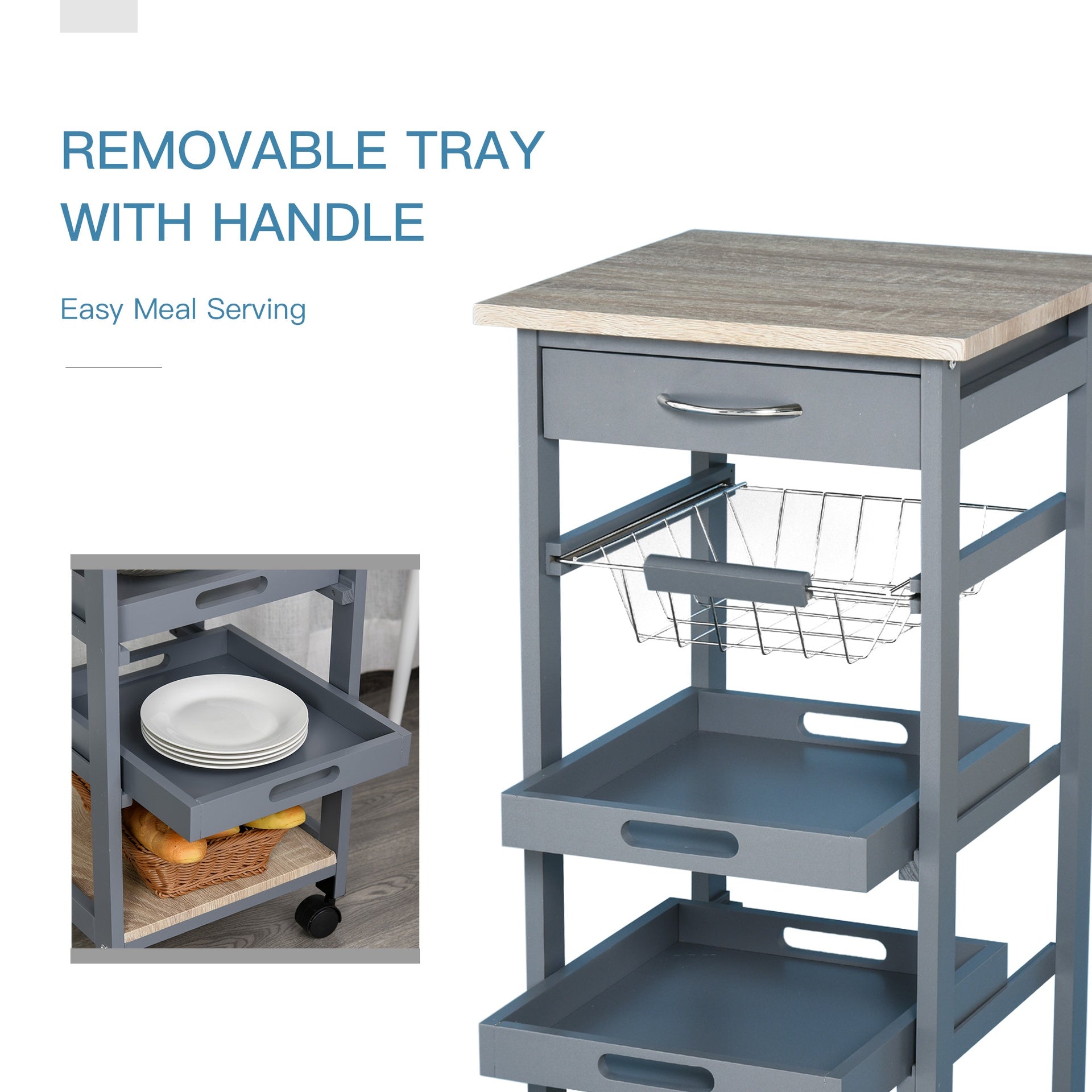 HOMCOM Mobile Kitchen Cart, Rolling Kitchen Island with Storage, Solid Wood Frame Utility Cart with Wire Fruit Baskets, Trays and Drawer, Gray
