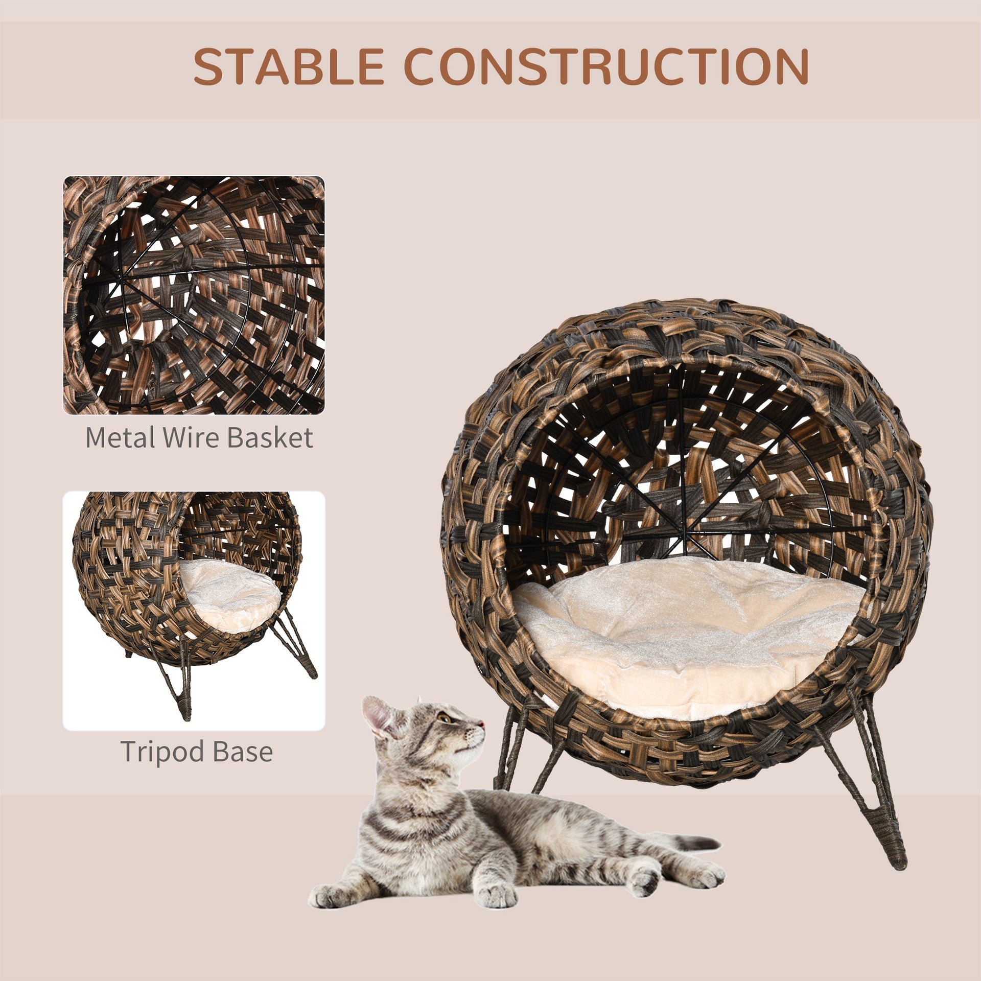 PawHut 20.5" Weaved Cat Bed, Elevated Hand-woven Braided Banana Leaf Kitten House Condo with Cushion, Brown