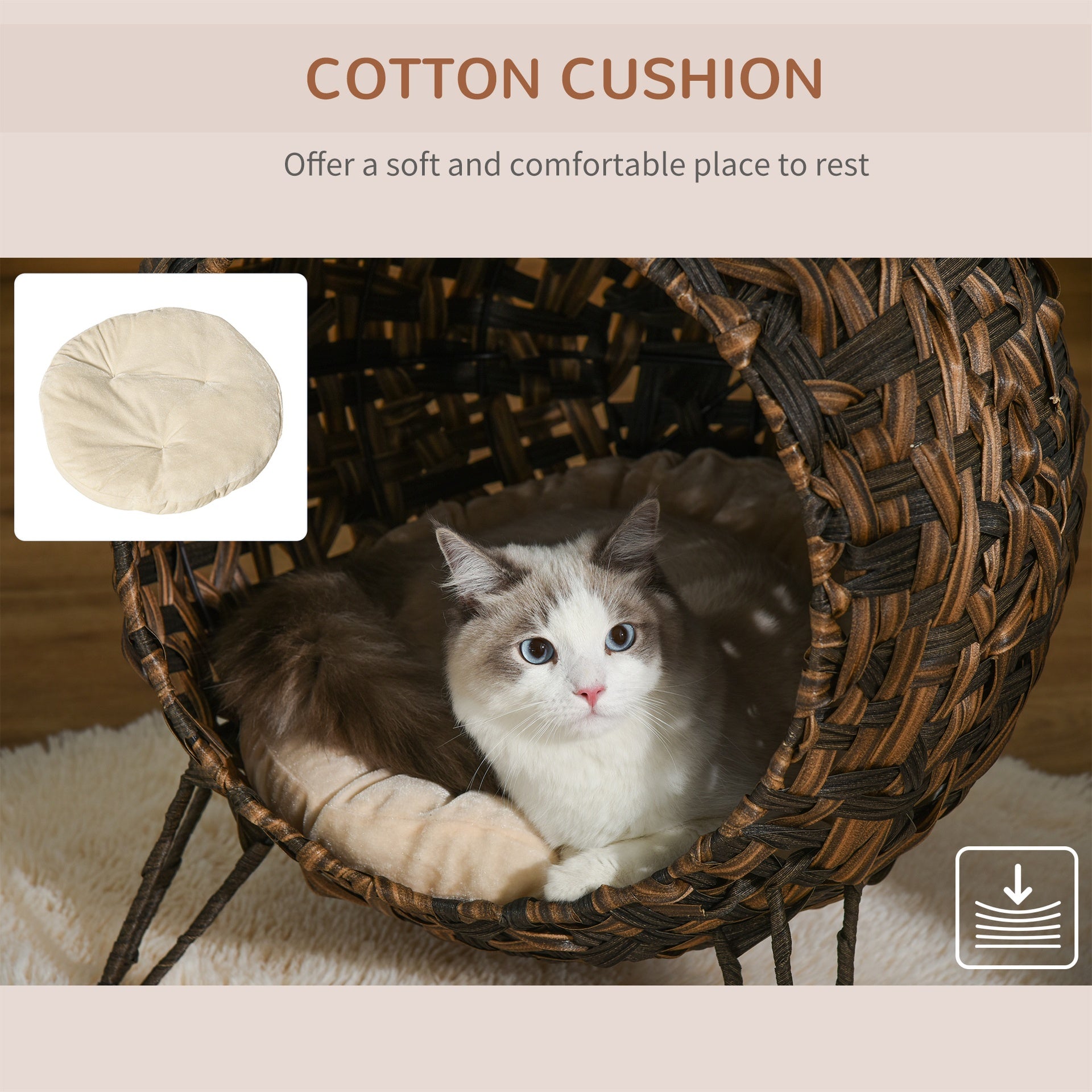 PawHut 20.5" Weaved Cat Bed, Elevated Hand-woven Braided Banana Leaf Kitten House Condo with Cushion, Brown