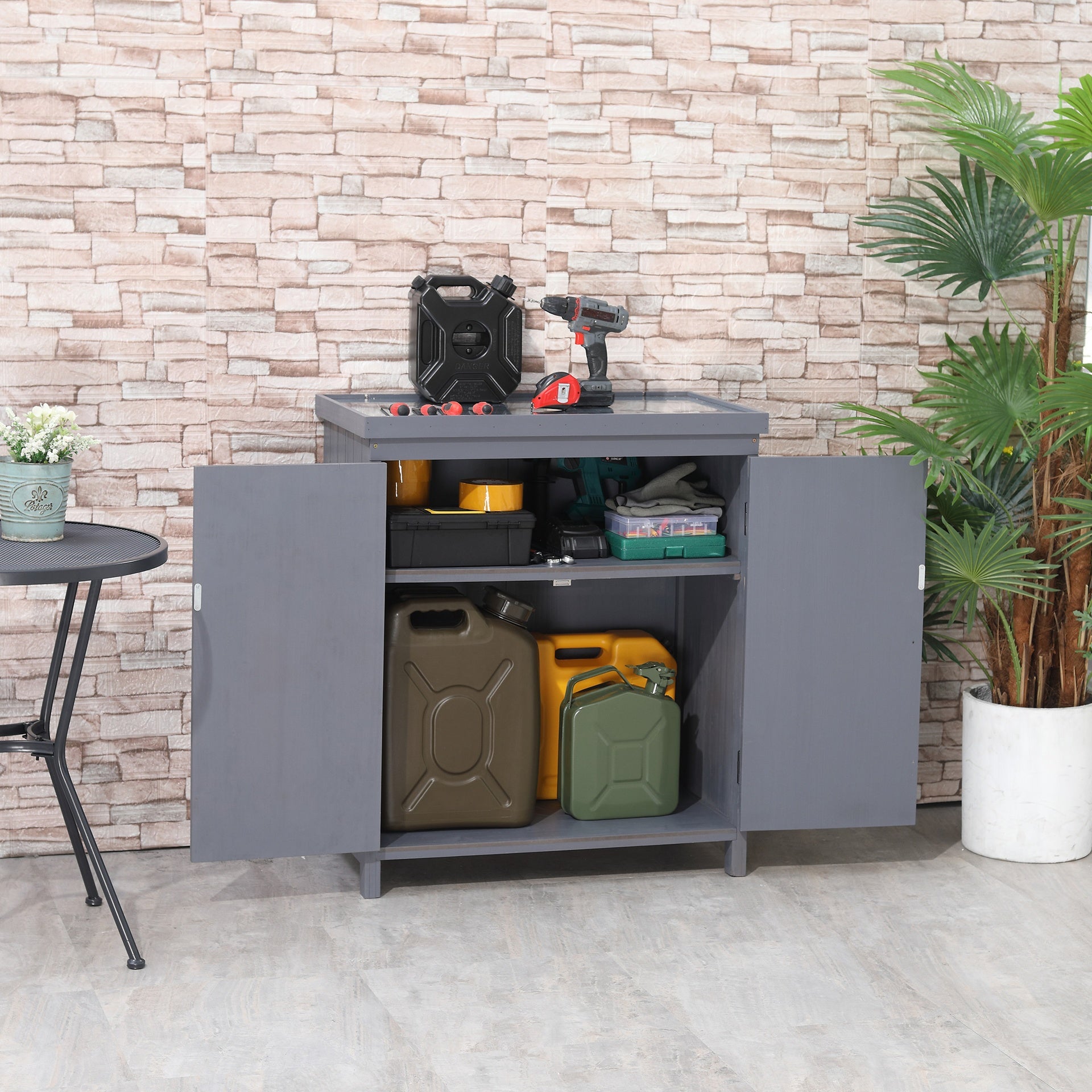 Outsunny Outdoor Storage Cabinet, Outdoor Tool Shed with Galvanized Top and Two Shelves for Yard Tools or Pool Accessories, Gray