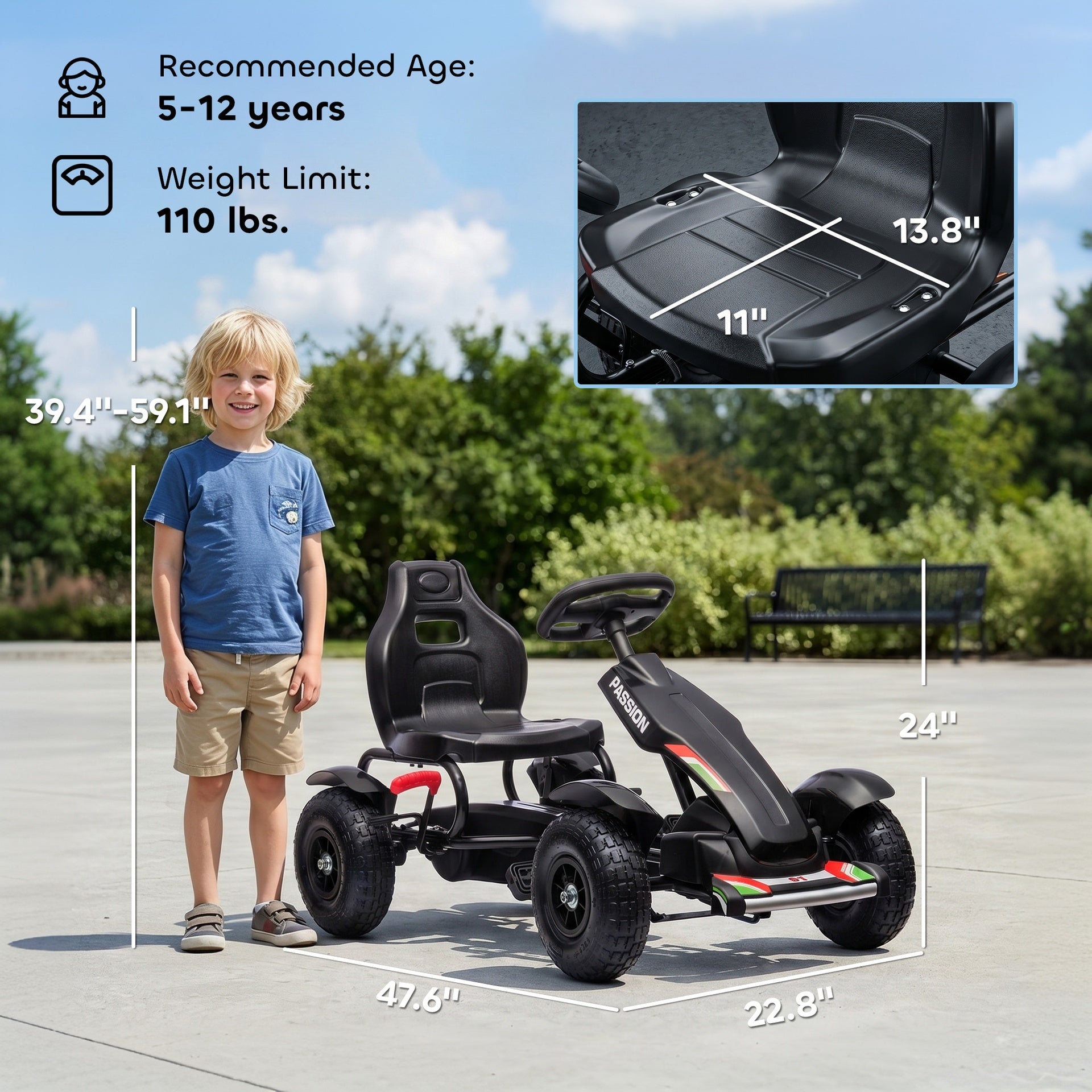 Aosom Kids Pedal Go Kart, Outdoor Ride on Toys with Adjustable Seat, Sharp Handling, Handbrake, 4 Non-Slip Rubber Wheels for Boys & Girls Aged 5-12 Years Old, Black