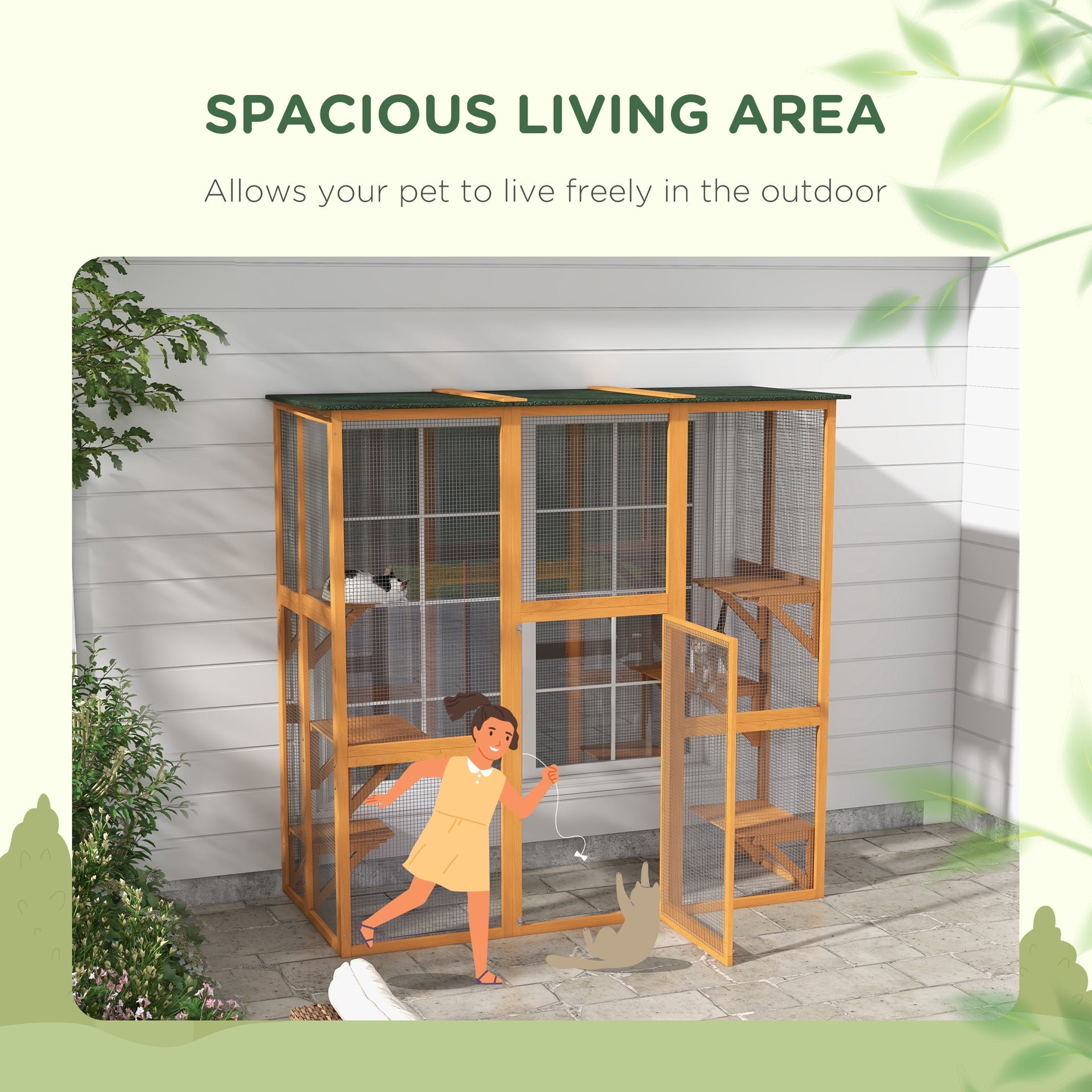 PawHut Outdoor Cat House Big Catio Wooden Feral Cat Shelter Enclosure with Large Spacious Interior, 6 High Ledges, Weather Protection Asphalt Roof, 71" L, Orange