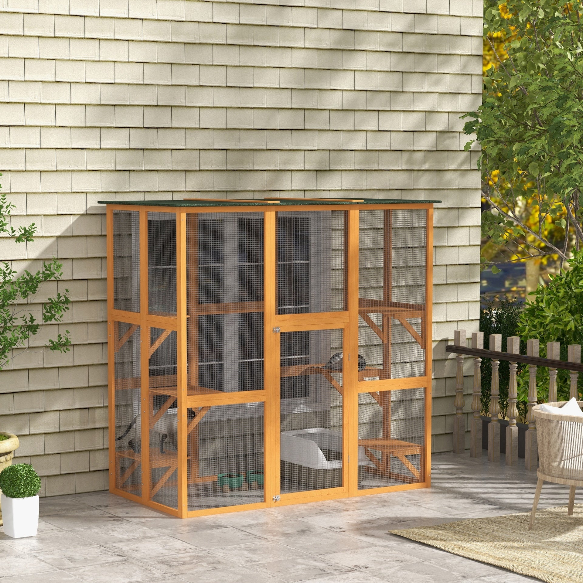 PawHut Outdoor Cat House Big Catio Wooden Feral Cat Shelter Enclosure with Large Spacious Interior, 6 High Ledges, Weather Protection Asphalt Roof, 71" L, Orange