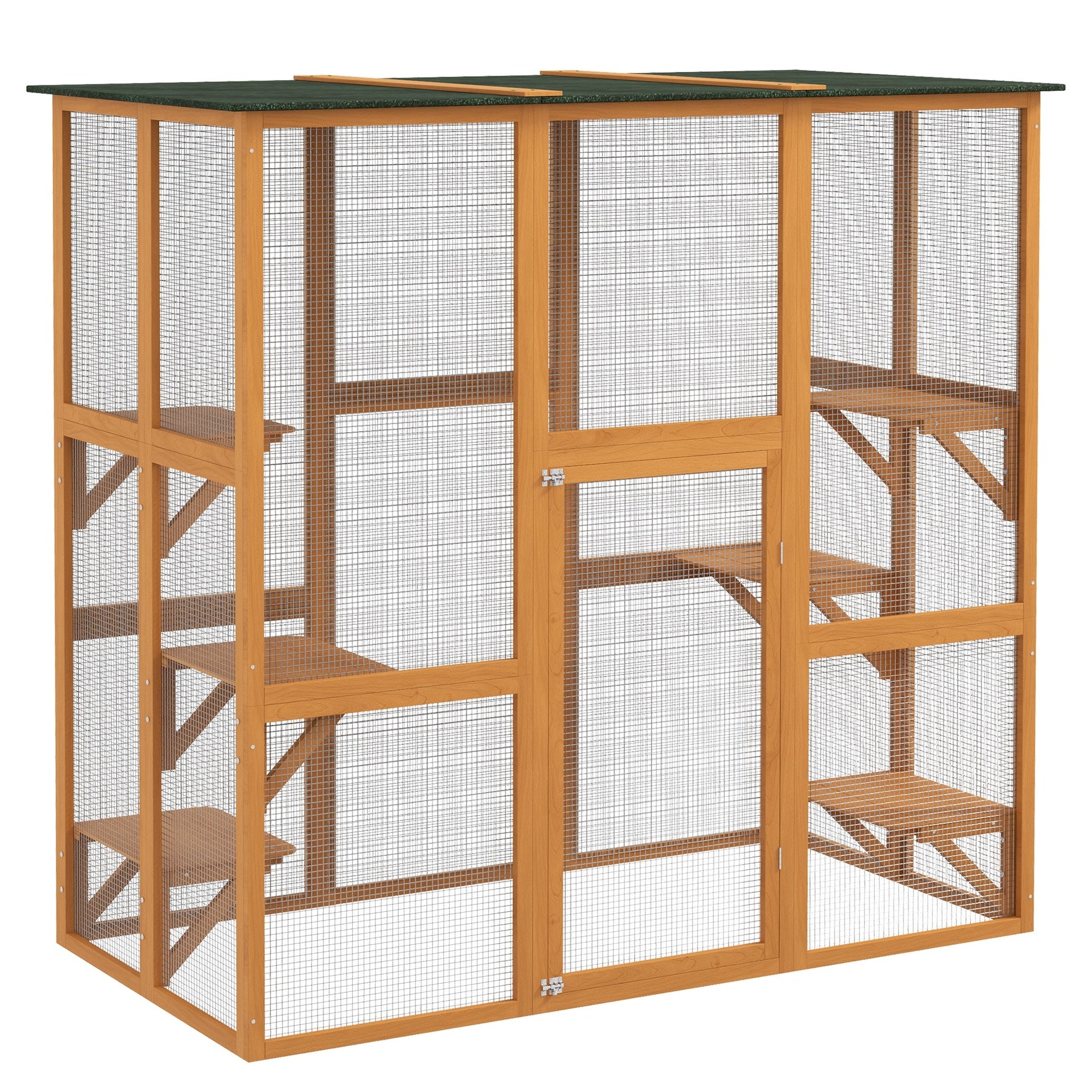 PawHut Outdoor Cat House Big Catio Wooden Feral Cat Shelter Enclosure with Large Spacious Interior, 6 High Ledges, Weather Protection Asphalt Roof, 71" L, Orange