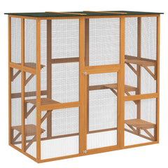 PawHut Outdoor Cat House Big Catio Wooden Feral Cat Shelter Enclosure with Large Spacious Interior, 6 High Ledges, Weather Protection Asphalt Roof, 71" L, Orange