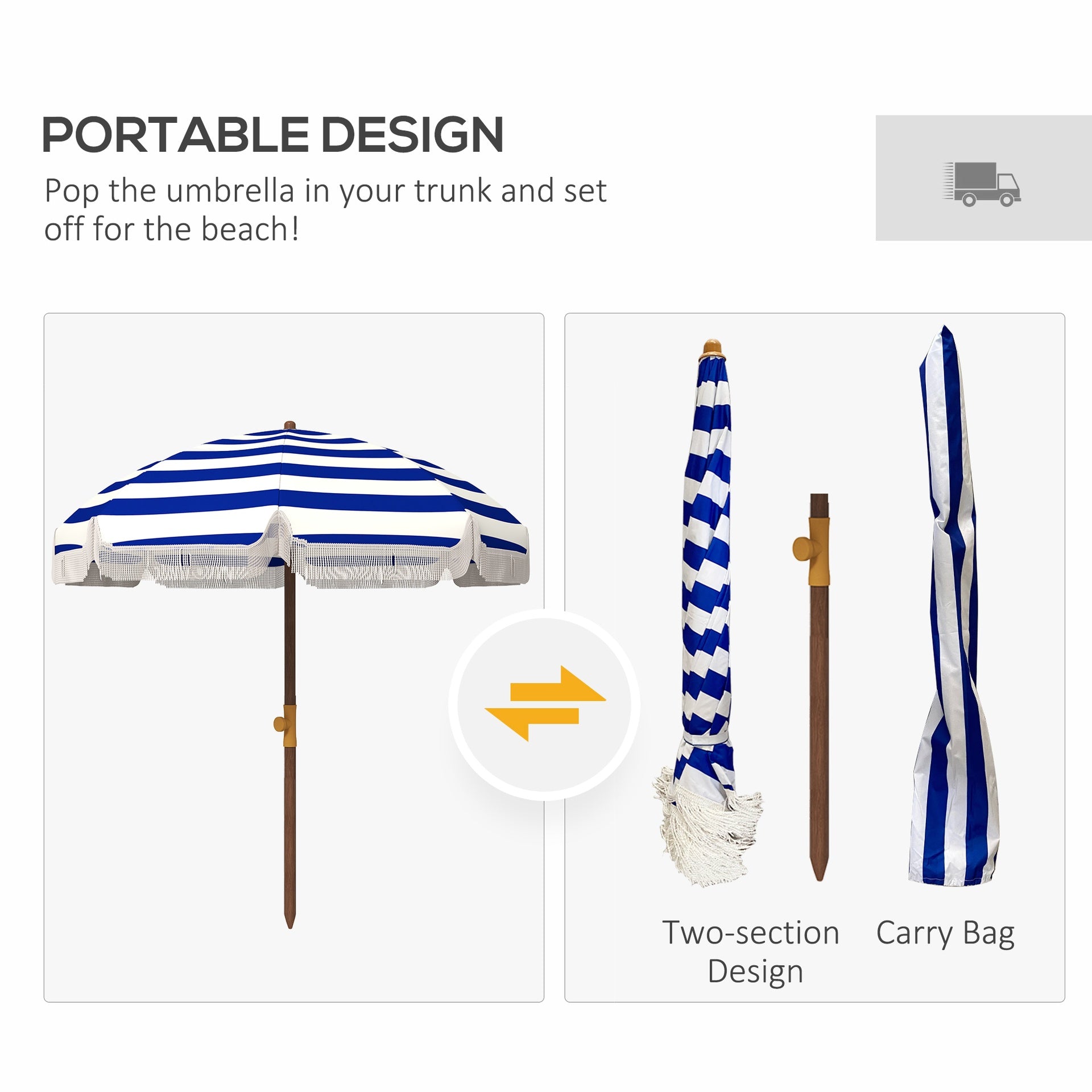 Outsunny 6.2' Beach Umbrella for Travel, Vent, Ruffles, Carry Bag, Portable Outdoor Umbrella for Garden, Blue Stripe
