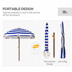 Outsunny 6.2' Beach Umbrella for Travel, Vent, Ruffles, Carry Bag, Portable Outdoor Umbrella for Garden, Blue Stripe