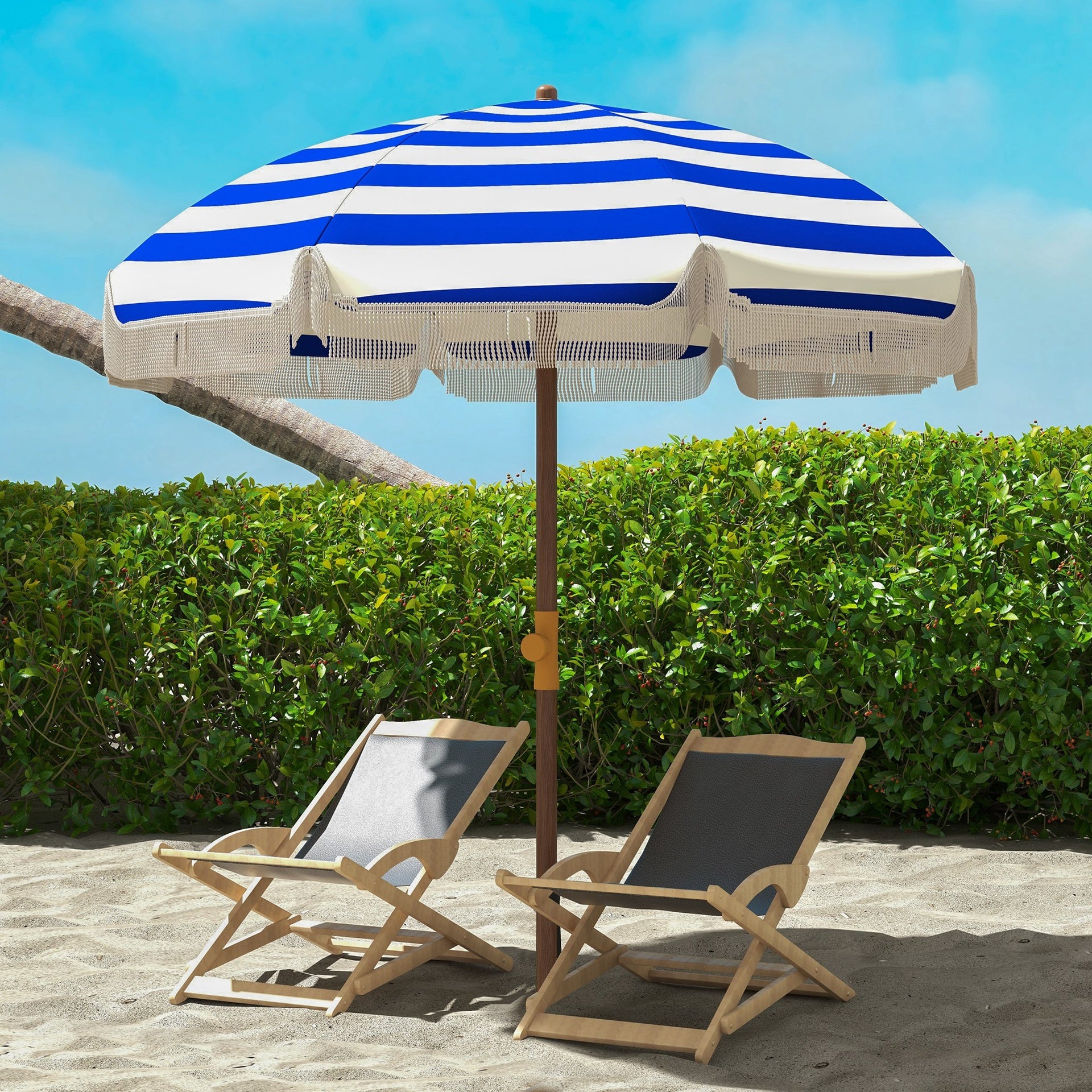Outsunny 6.2' Beach Umbrella for Travel, Vent, Ruffles, Carry Bag, Portable Outdoor Umbrella for Garden, Blue Stripe