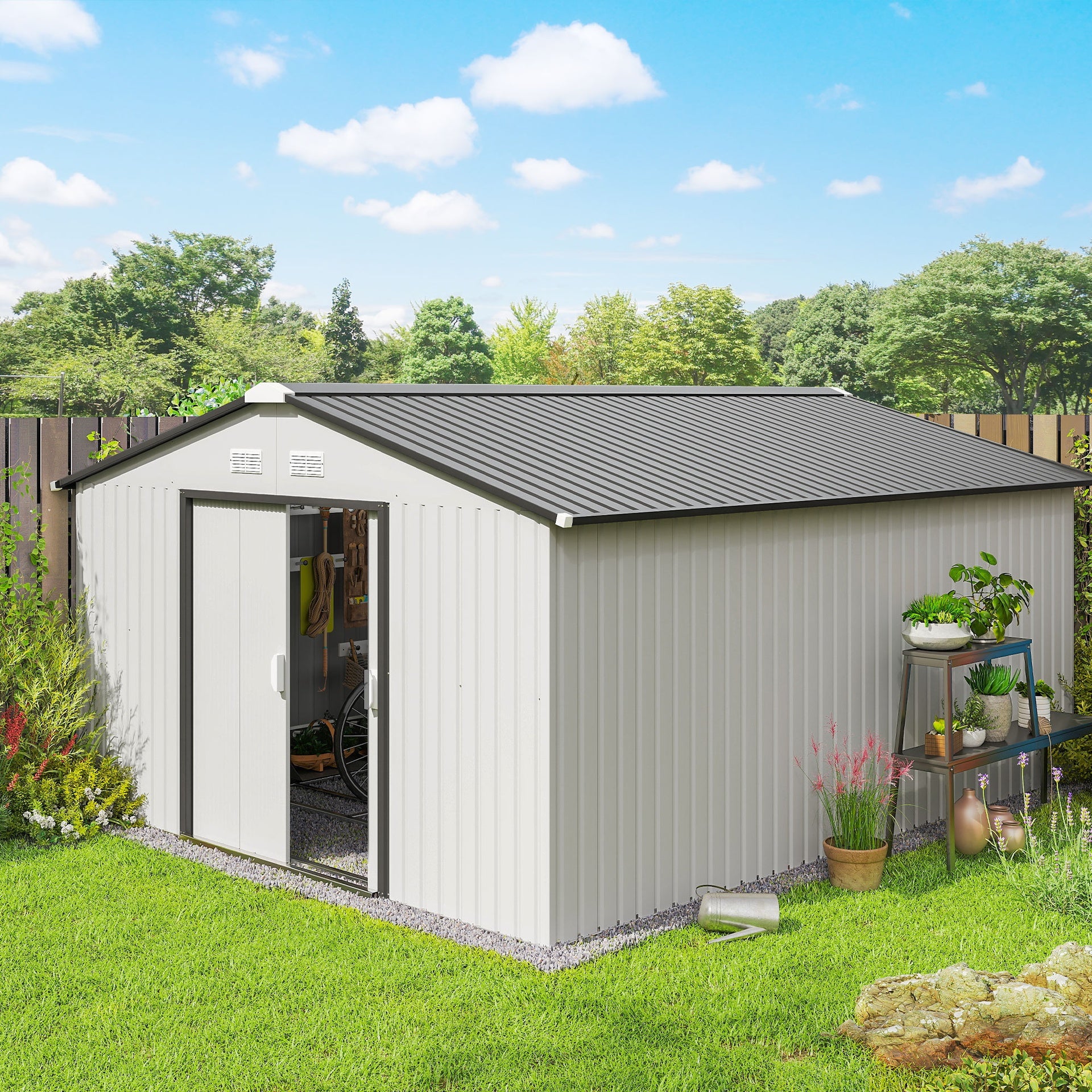 Outsunny Garden Metal Shed, Storage Shed Utility Storage with Double Locking Doors for Bike, Yard Tools, White