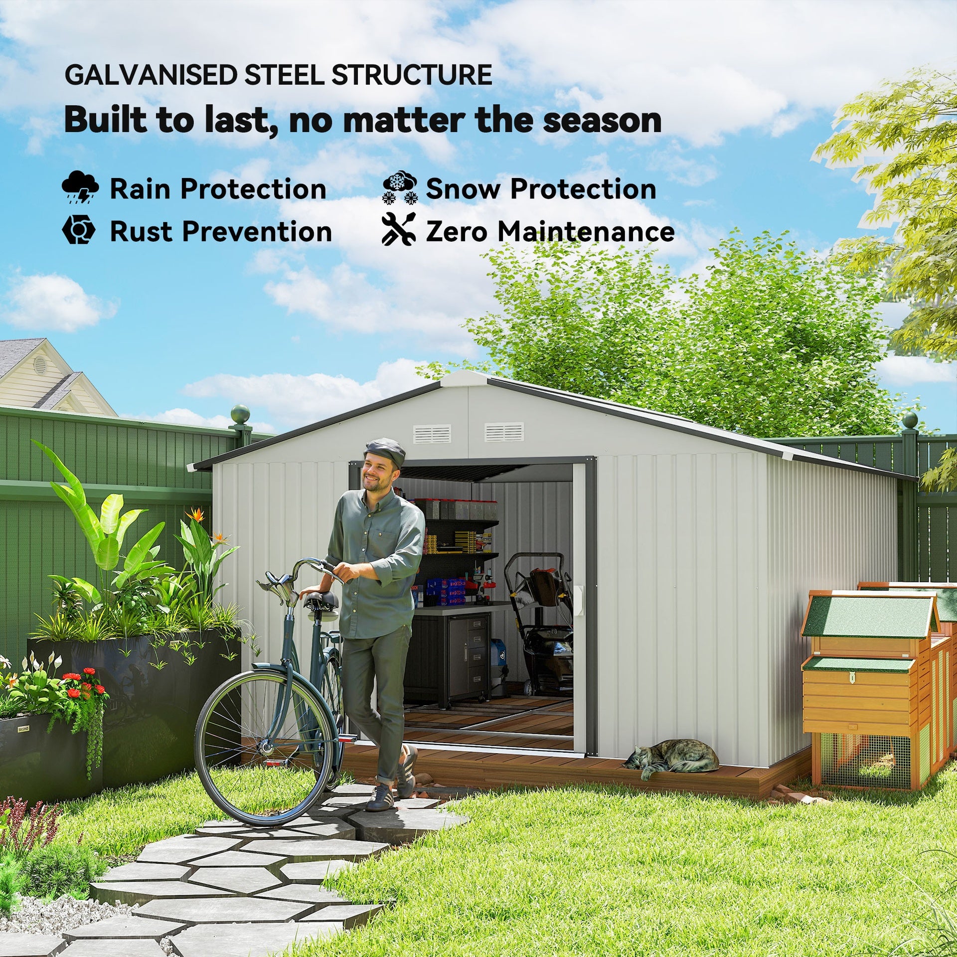 Outsunny Garden Metal Shed, Storage Shed Utility Storage with Double Locking Doors for Bike, Yard Tools, White