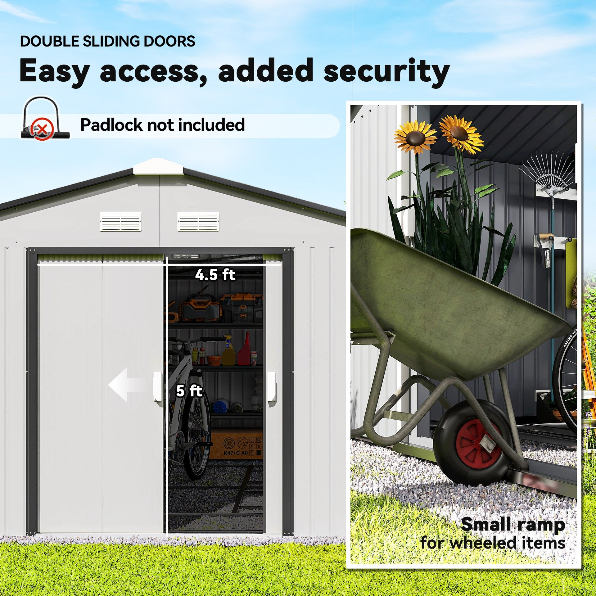Outsunny Garden Metal Shed, Storage Shed Utility Storage with Double Locking Doors for Bike, Yard Tools, White