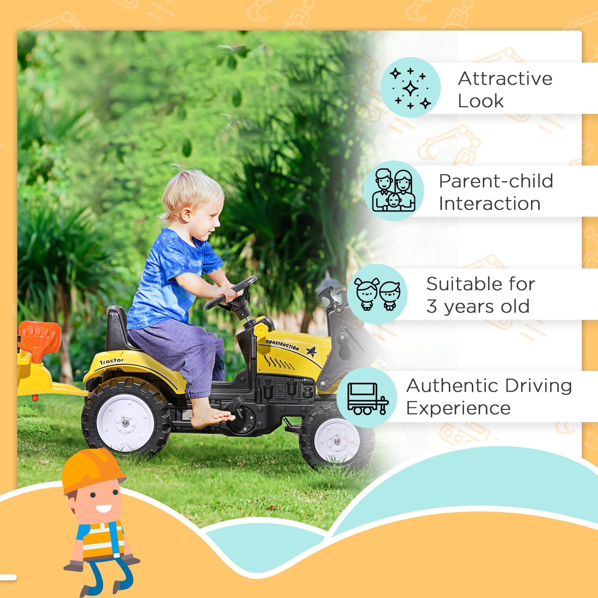 Aosom Ride-On Kids Bulldozer/Excavator Toy with Real Working Dirt Bucket, Easy Pedal Controls, 6 Wheels, & Cargo Trailer