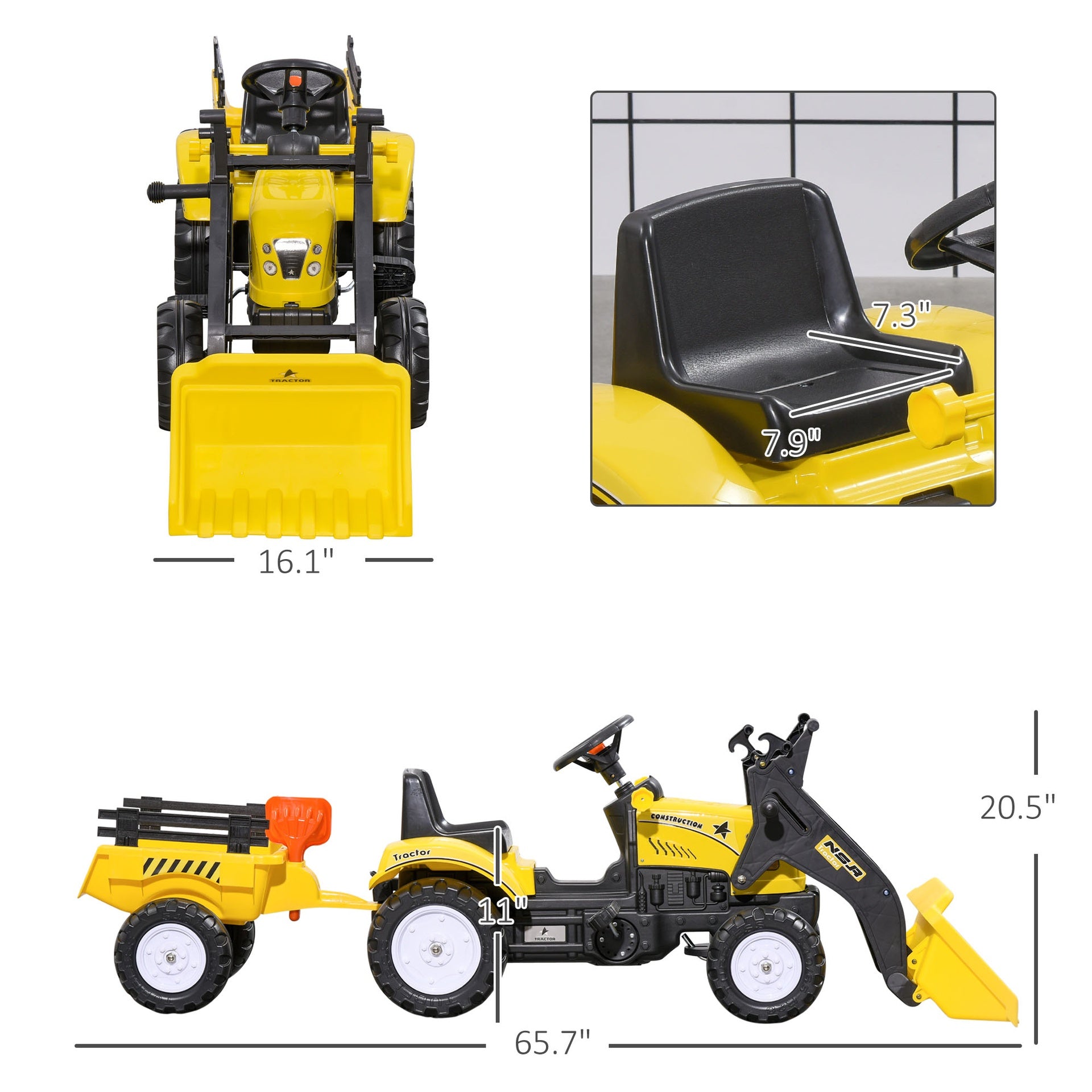 Aosom Ride-On Kids Bulldozer/Excavator Toy with Real Working Dirt Bucket, Easy Pedal Controls, 6 Wheels, & Cargo Trailer