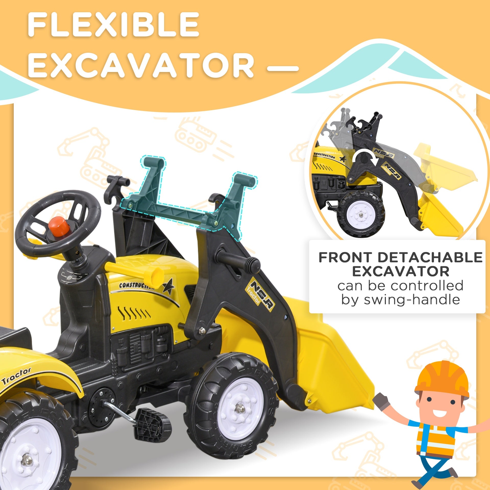 Aosom Ride-On Kids Bulldozer/Excavator Toy with Real Working Dirt Bucket, Easy Pedal Controls, 6 Wheels, & Cargo Trailer