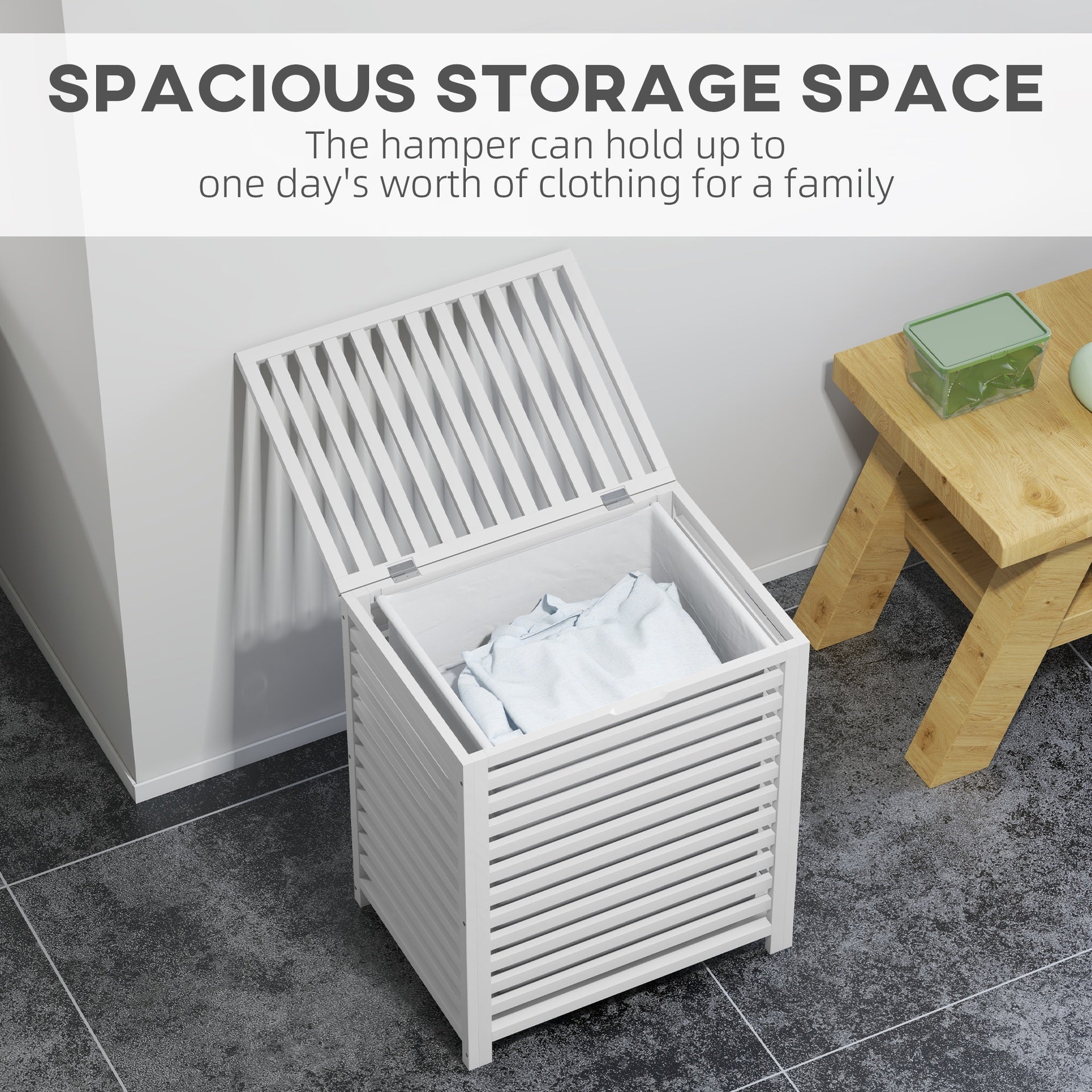 HOMCOM 55 L Bamboo Laundry Basket with Lid, Cloth Hamper with Removable Liner Bag, 19.75 x 14.25 x 23.5 Inches, White
