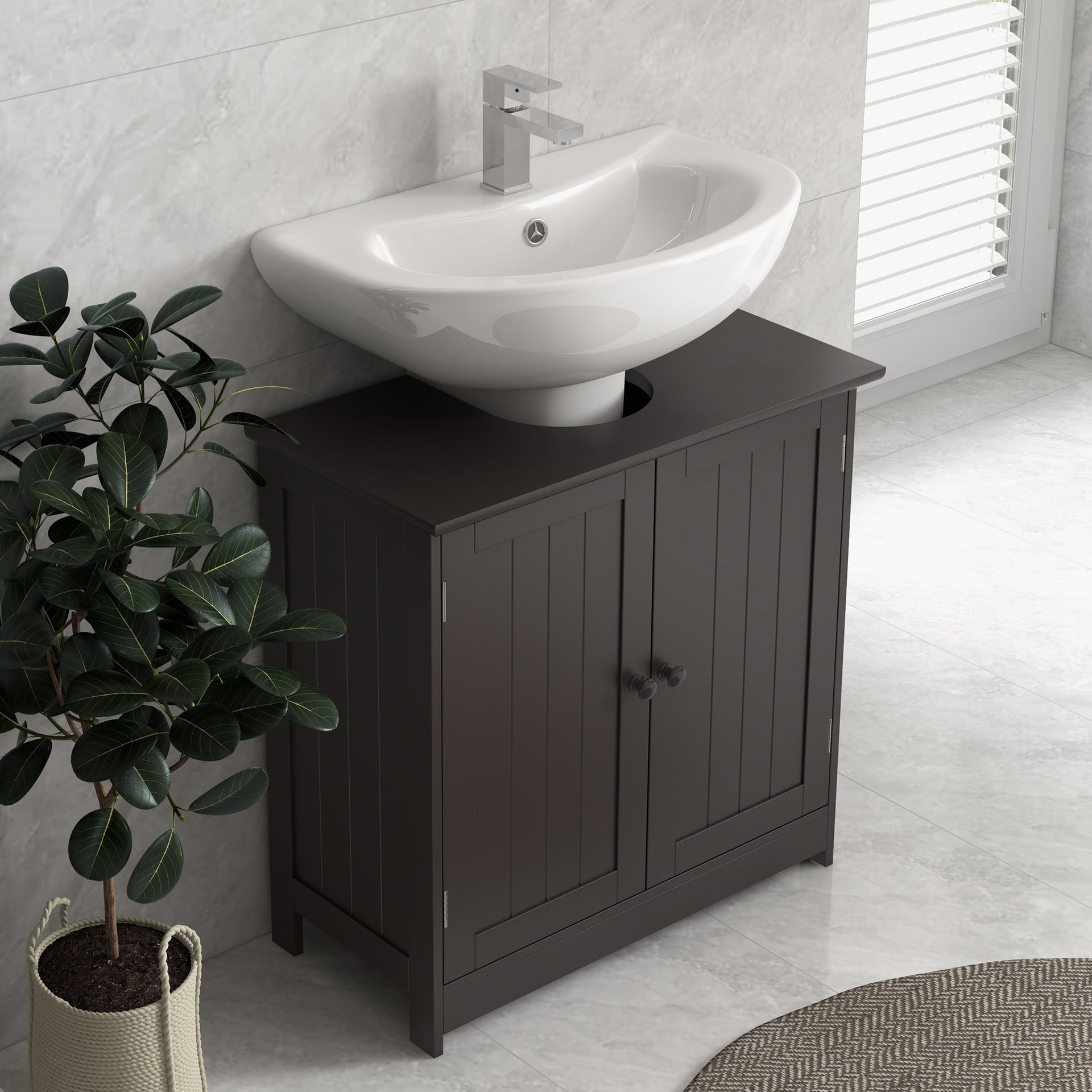 HOMCOM Bathroom Vanity Cabinet, Under Sink Bathroom Cabinet with 2 Doors and Adjustable Shelf, Coffee