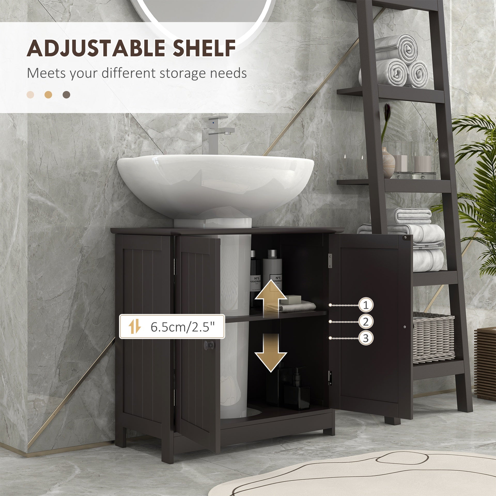 HOMCOM Bathroom Vanity Cabinet, Under Sink Bathroom Cabinet with 2 Doors and Adjustable Shelf, Coffee