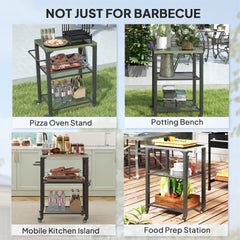 Outsunny 3-Shelf Outdoor Grill Cart with Stainless Steel Tabletop, Movable Pizza Oven Table with Hooks, Side Handle, Wheels