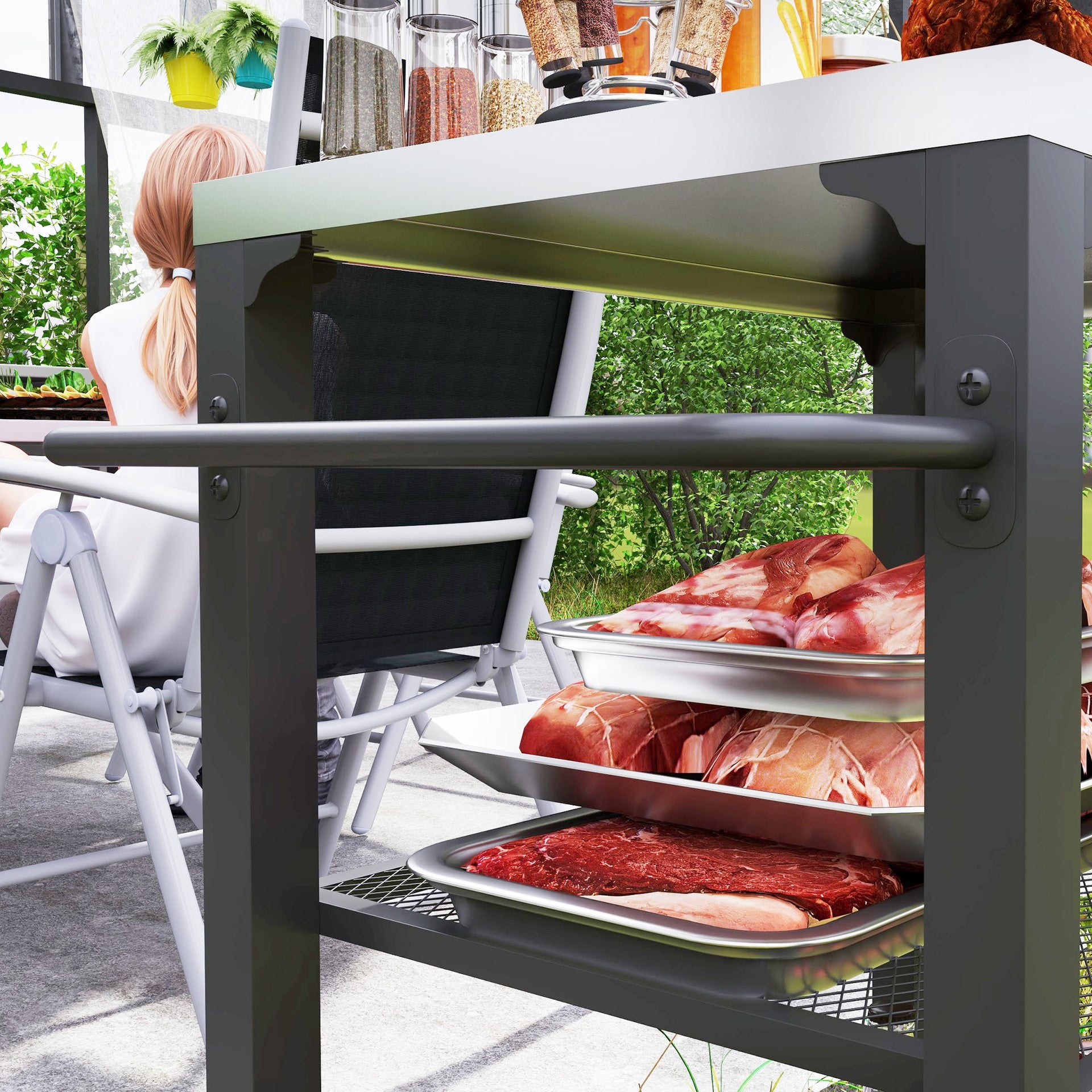 Outsunny 3-Shelf Outdoor Grill Cart with Stainless Steel Tabletop, Movable Pizza Oven Table with Hooks, Side Handle, Wheels