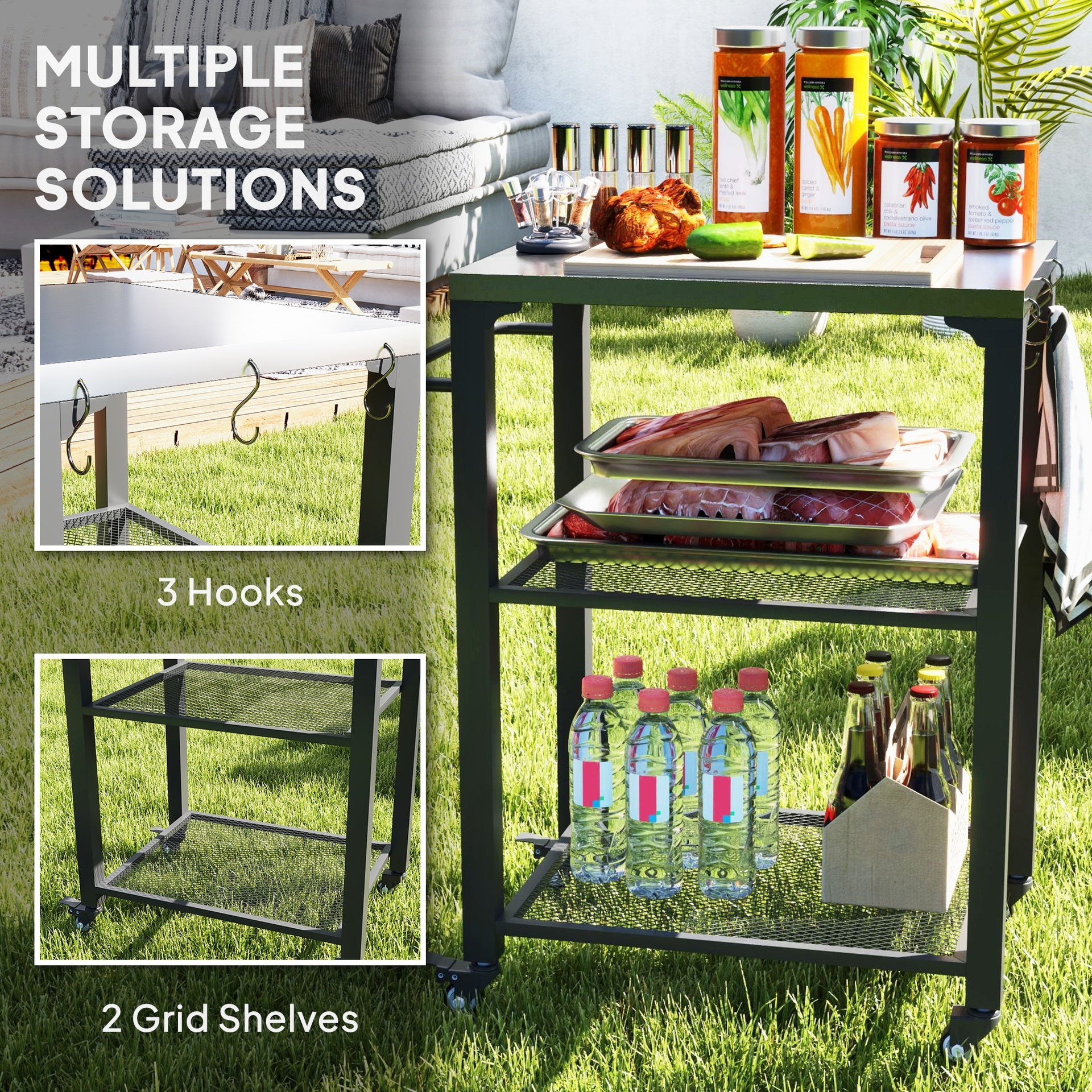 Outsunny 3-Shelf Outdoor Grill Cart with Stainless Steel Tabletop, Movable Pizza Oven Table with Hooks, Side Handle, Wheels