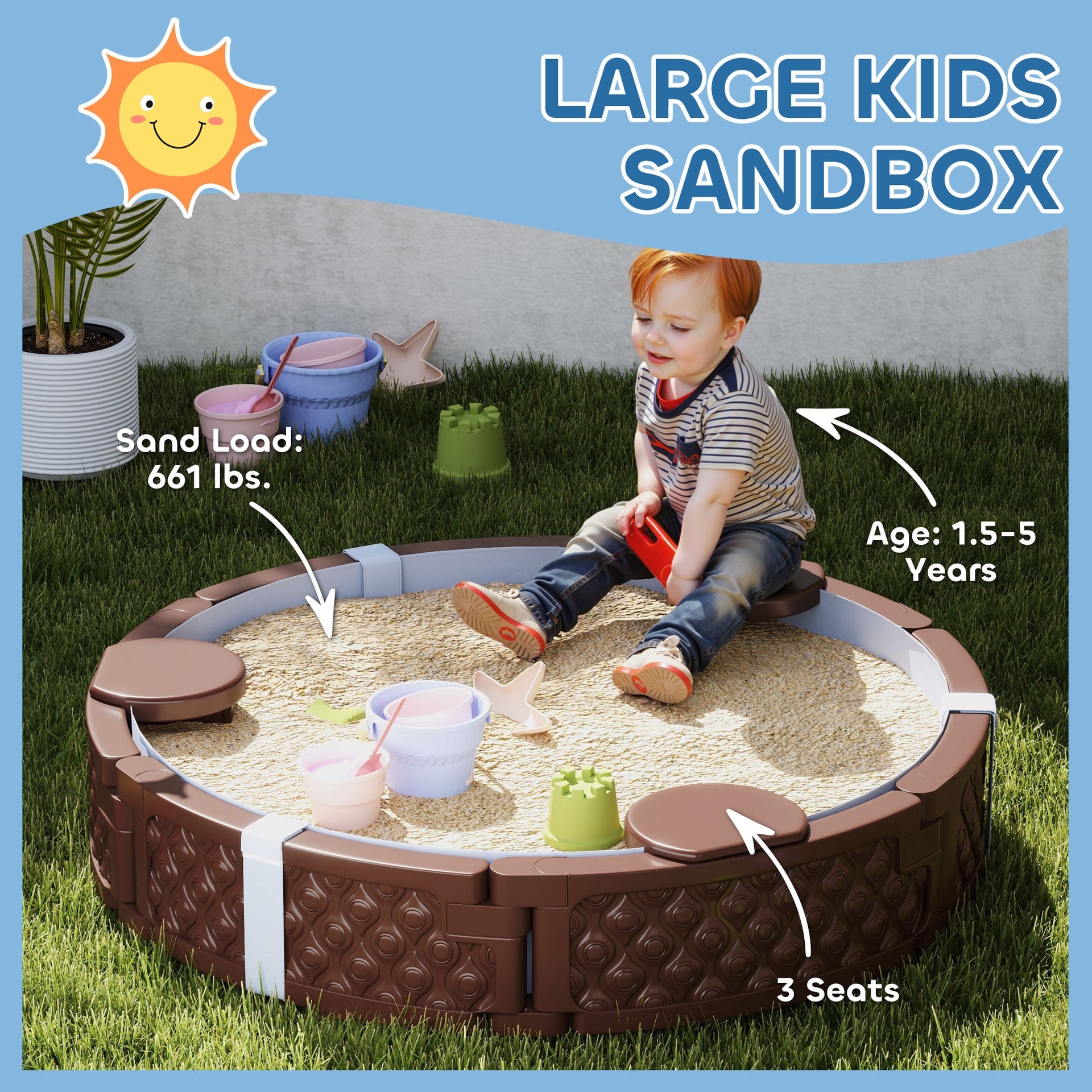 Qaba 47" Round Kids Sandbox with Cover, 3 Seats, Waterproof Bottom Liner, for Backyard, Lawn, Garden, Beach, Patio, Brown