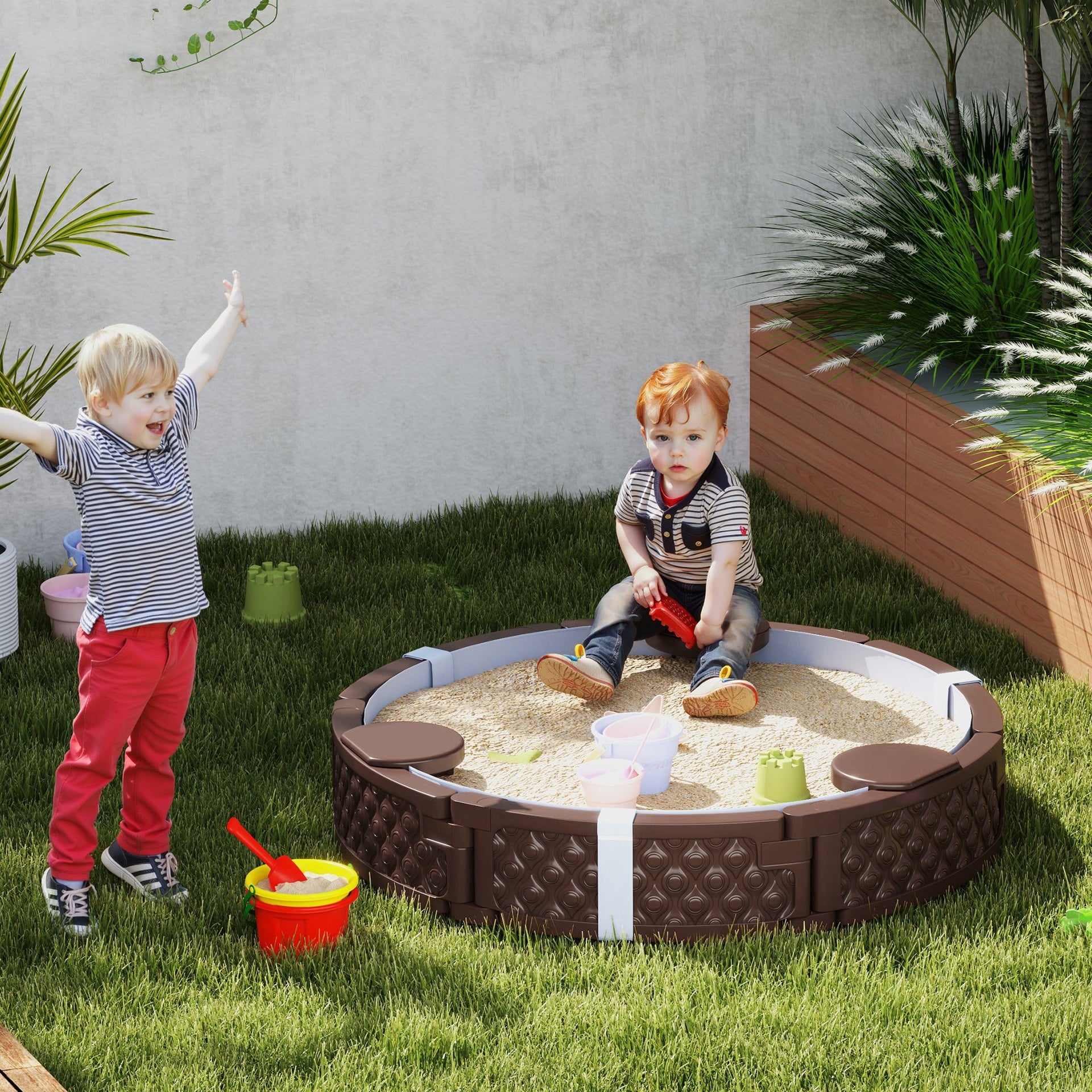 Qaba 47" Round Kids Sandbox with Cover, 3 Seats, Waterproof Bottom Liner, for Backyard, Lawn, Garden, Beach, Patio, Brown