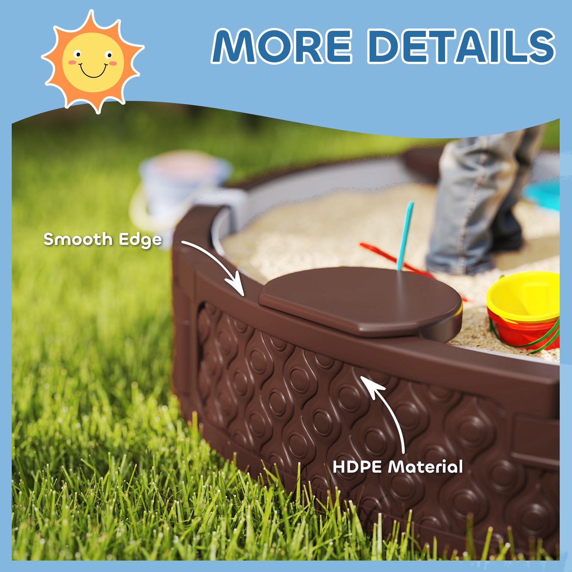 Qaba 47" Round Kids Sandbox with Cover, 3 Seats, Waterproof Bottom Liner, for Backyard, Lawn, Garden, Beach, Patio, Brown