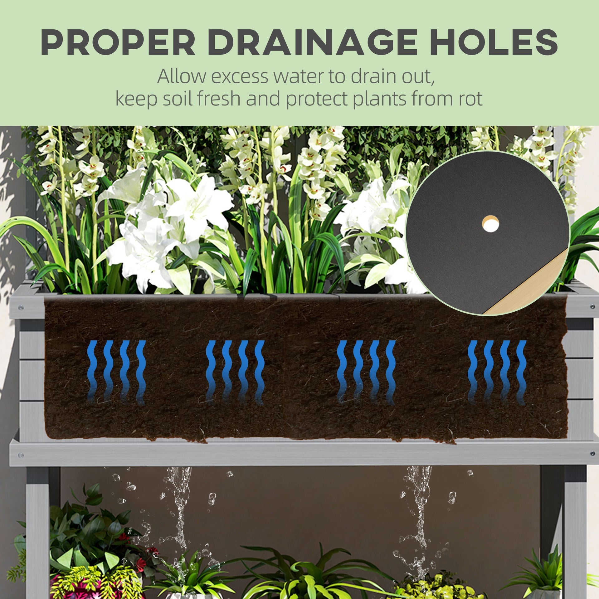 Outsunny Elevated Wood Planter with Trellis for Climbing Plants, Raised Garden Bed with Legs and Drainage Holes, Gray