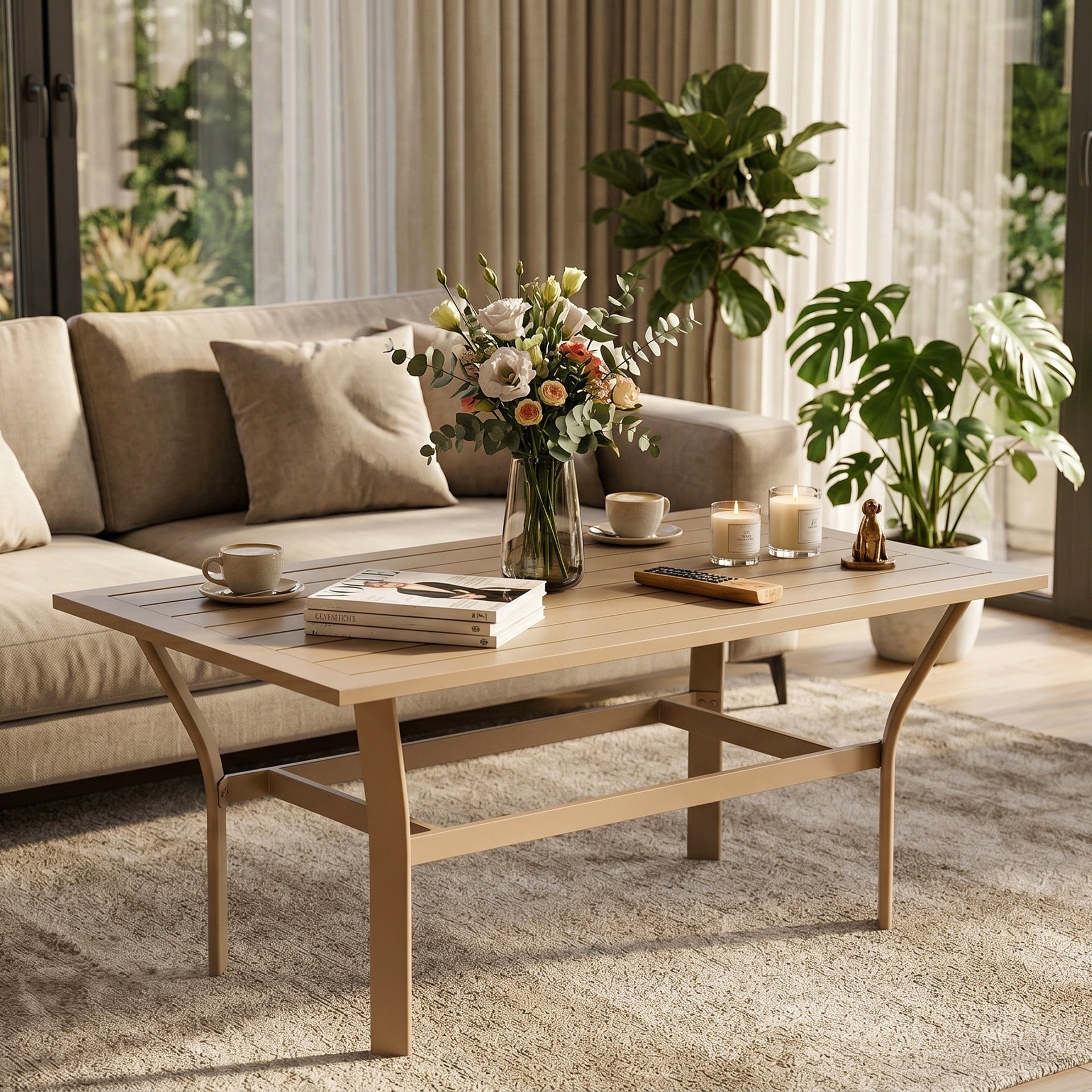 Outsunny Outdoor Coffee Table with Slatted Tabletop, All-Weather Rectangle Metal Patio Coffee Table for Garden, Brown