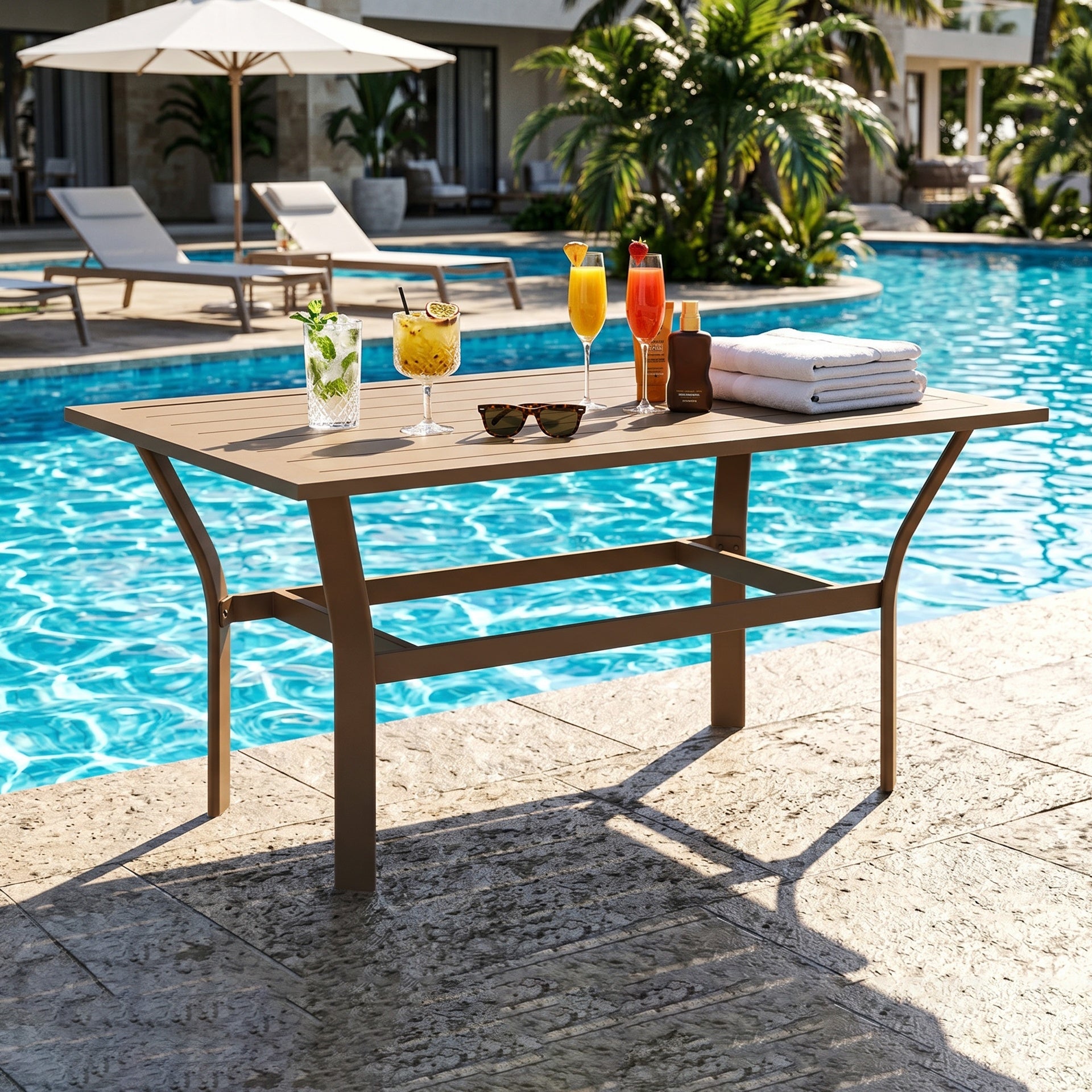 Outsunny Outdoor Coffee Table with Slatted Tabletop, All-Weather Rectangle Metal Patio Coffee Table for Garden, Brown