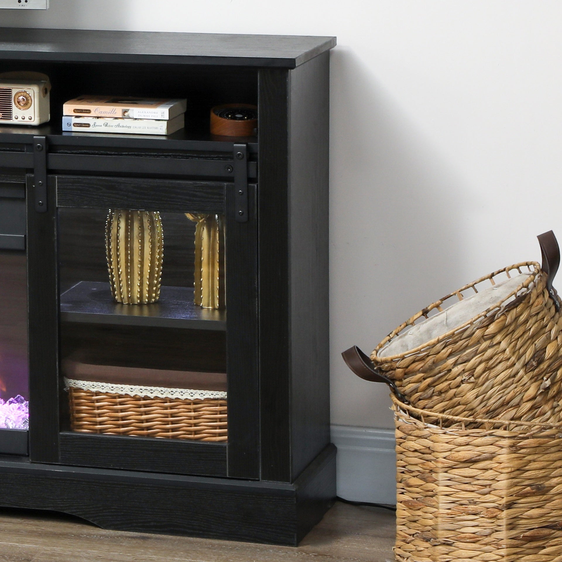 HOMCOM Fireplace TV Stand for TVs Up to 80 Inch, TV Console with Electric Fireplace, Open Storage and Side Cabinets, Black