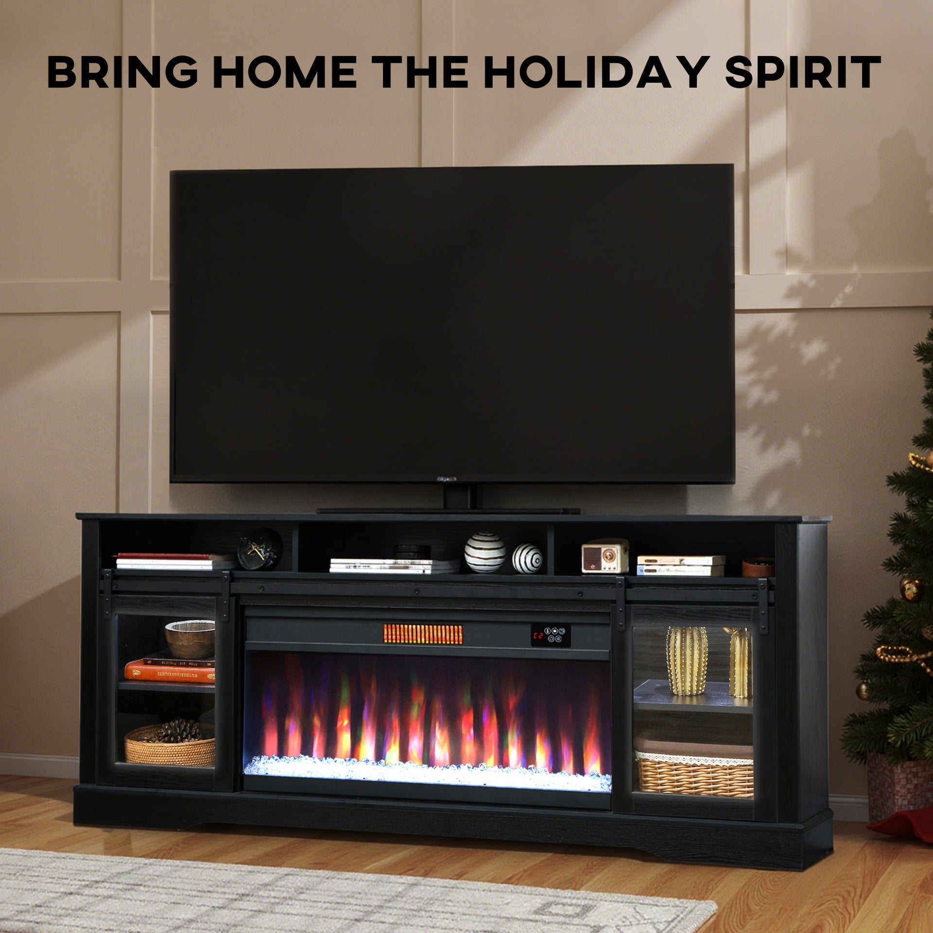 HOMCOM Fireplace TV Stand for TVs Up to 80 Inch, TV Console with Electric Fireplace, Open Storage and Side Cabinets, Black