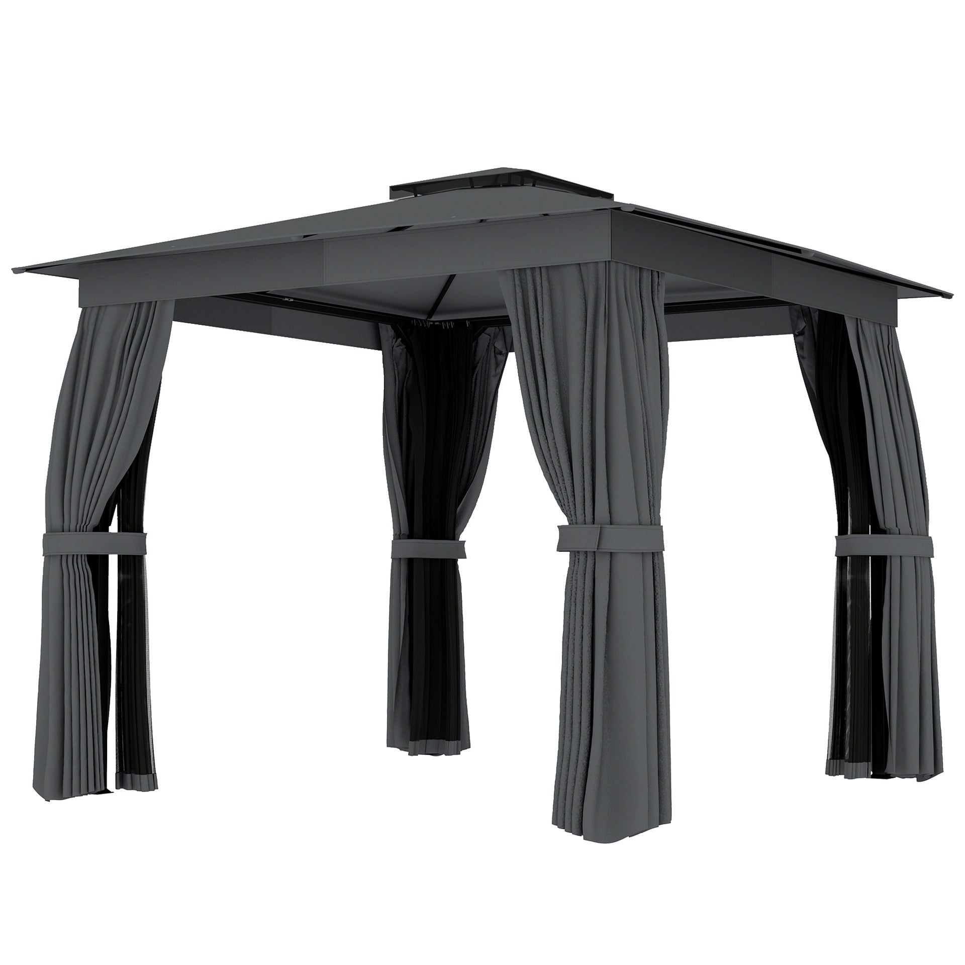 Outsunny 10' x 10' Outdoor Patio Gazebo, Soft Top Gazebo Canopy Shelter with Curtains, Netting, Steel Frame, Hook, Dark Gray