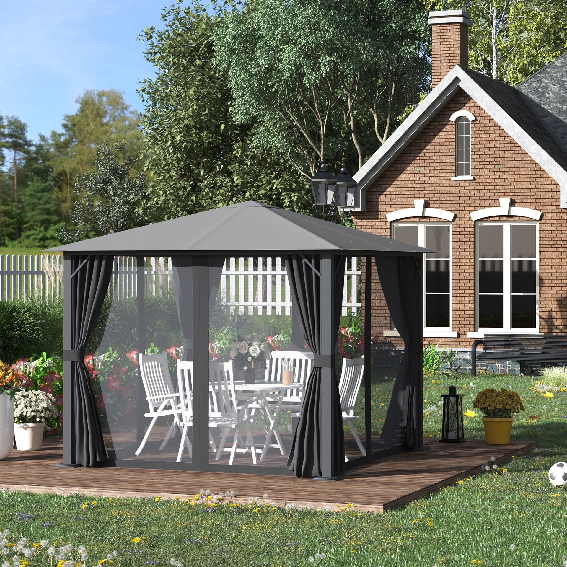 Outsunny 10' x 10' Patio Gazebo, Outdoor Gazebo Canopy Shelter with Netting & Curtains, Vented Roof, for Garden, Lawn, Backyard and Deck, Black