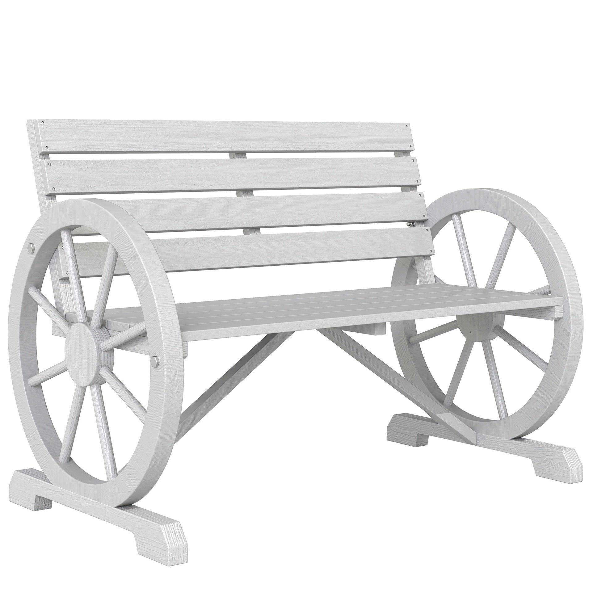 Outsunny 41" Wooden Wagon Wheel Bench, Rustic Outdoor Patio Weather Resistance Furniture, 2-Person Slatted Seat Bench with Backrest, Light Gray