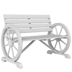 Outsunny 41" Wooden Wagon Wheel Bench, Rustic Outdoor Patio Weather Resistance Furniture, 2-Person Slatted Seat Bench with Backrest, Light Gray