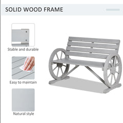 Outsunny 41" Wooden Wagon Wheel Bench, Rustic Outdoor Patio Weather Resistance Furniture, 2-Person Slatted Seat Bench with Backrest, Light Gray