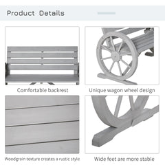 Outsunny 41" Wooden Wagon Wheel Bench, Rustic Outdoor Patio Weather Resistance Furniture, 2-Person Slatted Seat Bench with Backrest, Light Gray