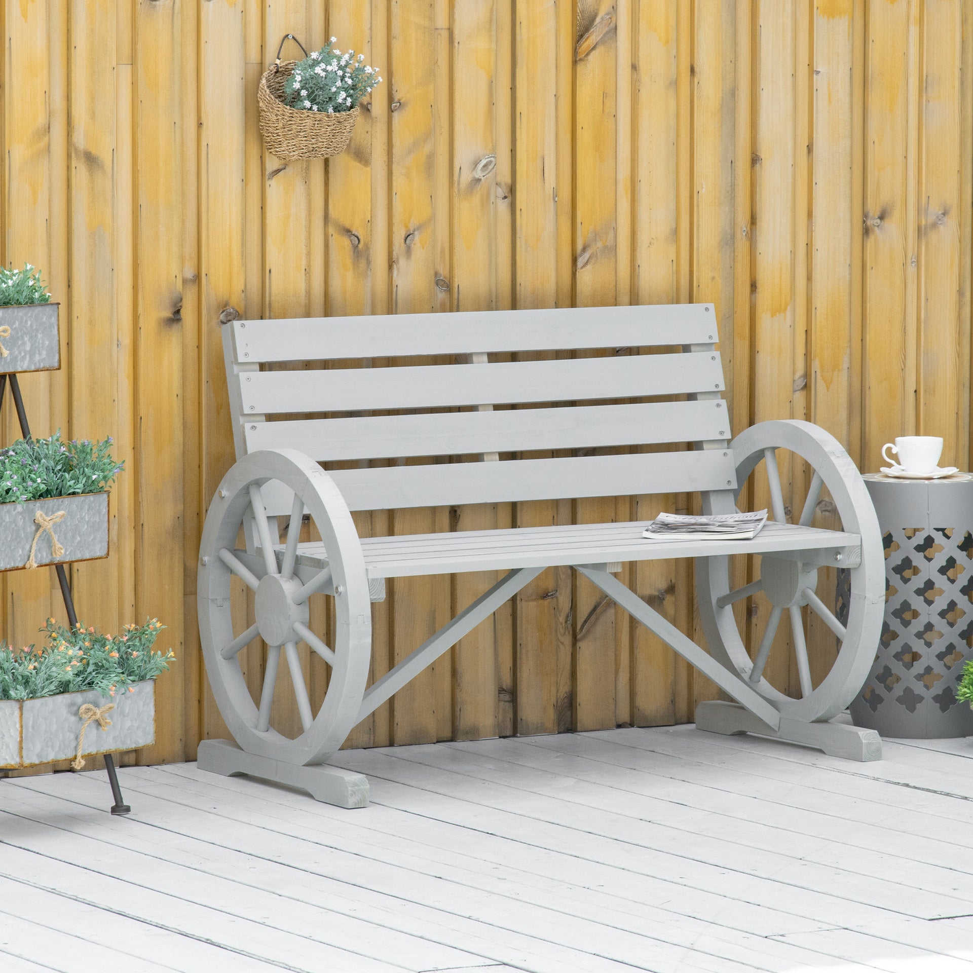 Outsunny 41" Wooden Wagon Wheel Bench, Rustic Outdoor Patio Weather Resistance Furniture, 2-Person Slatted Seat Bench with Backrest, Light Gray