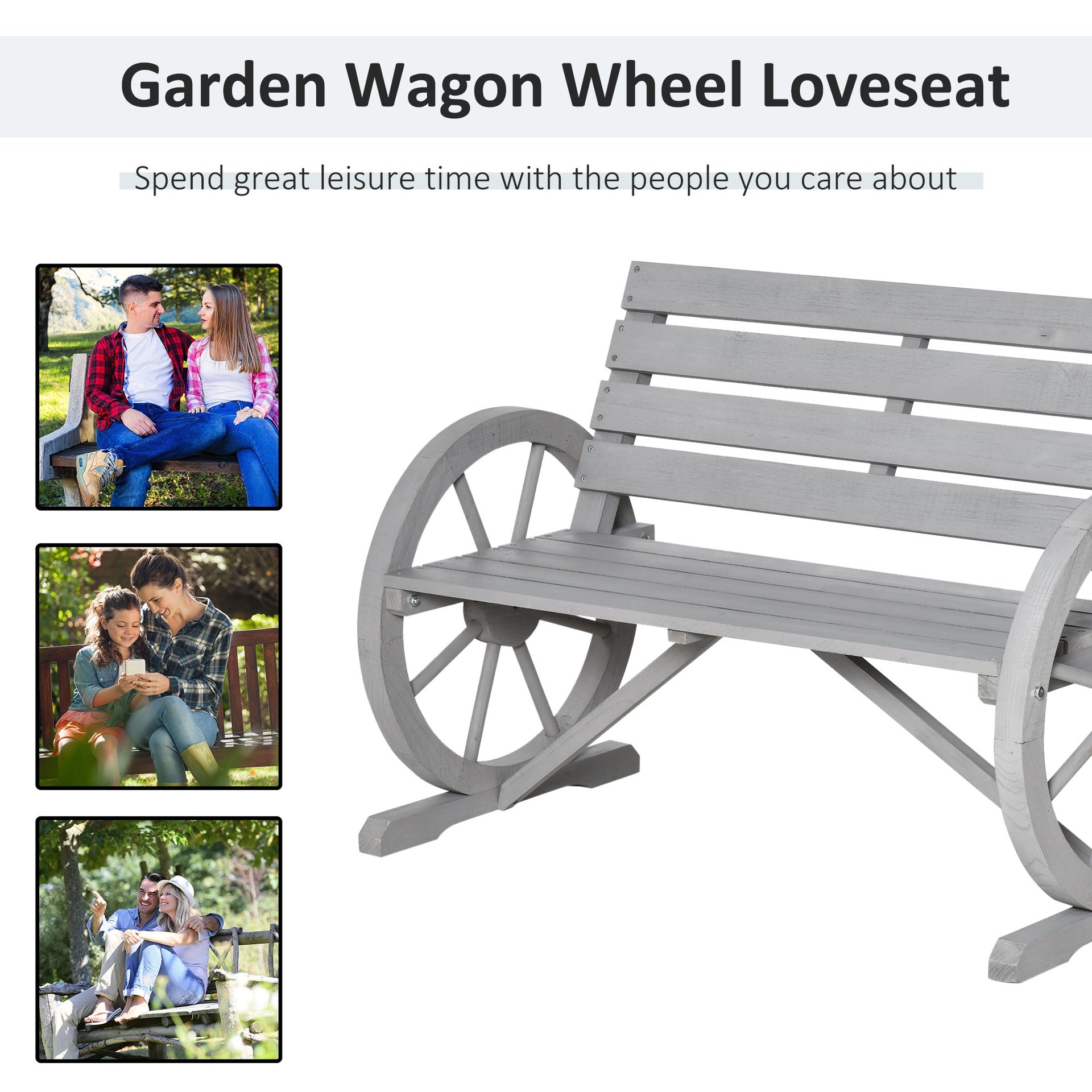 Outsunny 41" Wooden Wagon Wheel Bench, Rustic Outdoor Patio Weather Resistance Furniture, 2-Person Slatted Seat Bench with Backrest, Light Gray