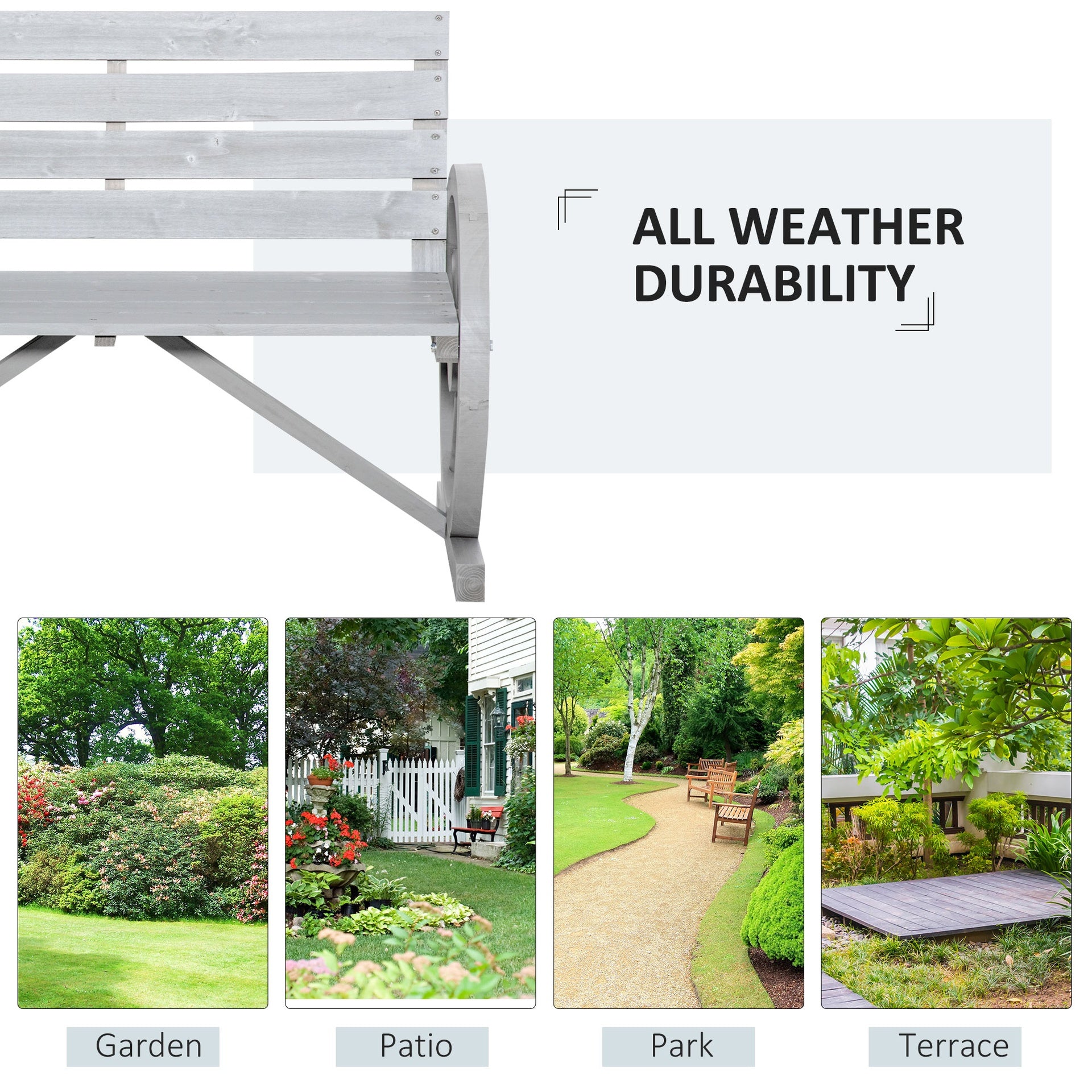 Outsunny 41" Wooden Wagon Wheel Bench, Rustic Outdoor Patio Weather Resistance Furniture, 2-Person Slatted Seat Bench with Backrest, Light Gray